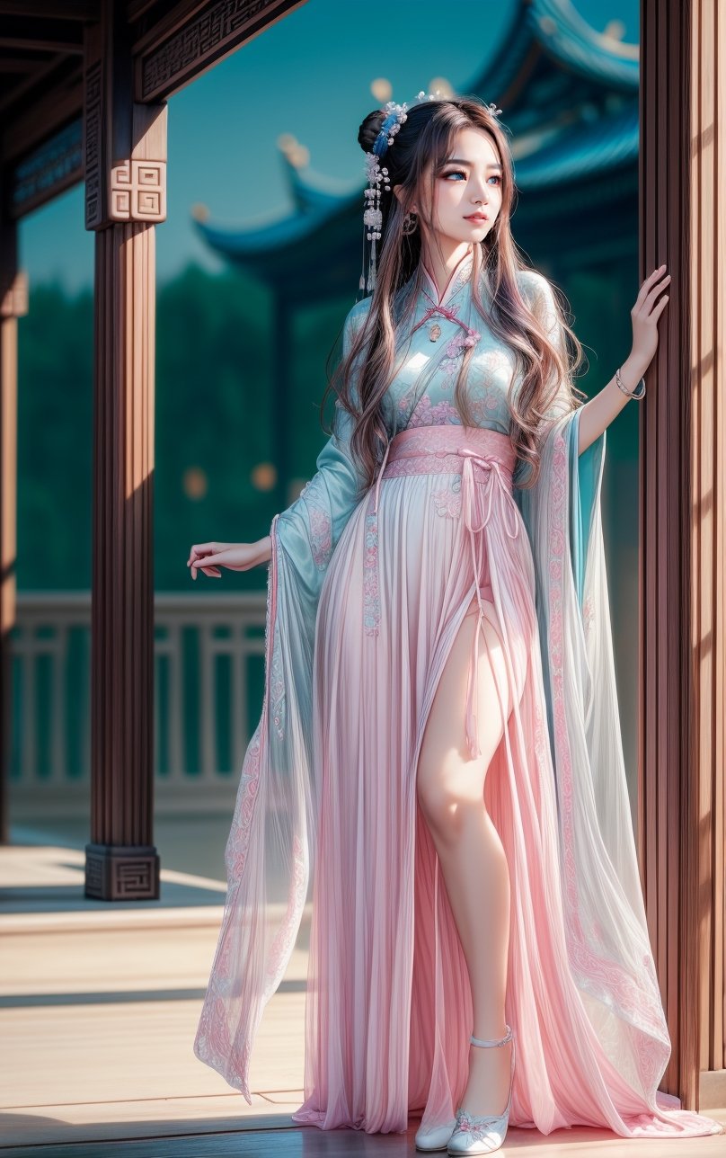 best quality, masterpiece, beautiful and aesthetic, 16K, Magnificent ancient Chinese palace architecture, The splendid ancient Chinese palace architecture, big blue moon, dark night, snow blowing, 1 girl, nude, halo, shining bracelet, (beautiful hanfu, white, pink, Hanfu with many embroideries,), The sleeves and skirt of Hanfu flutter in the wind, solo, {beautiful and detailed eyes}, melancholy expression, natural and soft light, delicate facial features, vearrings, Gorgeous necklace, ((sexy pose,)), Glamor body type, (white hair,), bun,very long hair, hair past hip, curly hair, flim grain, realhands, masterpiece, Best Quality, photorealistic, ultra detailed, finely detailed, high resolution, perfect dynamic composition, beautiful detailed eyes, eye smile, ((nervous, embarrassed,)), sharp focus, full body, sexy pose,