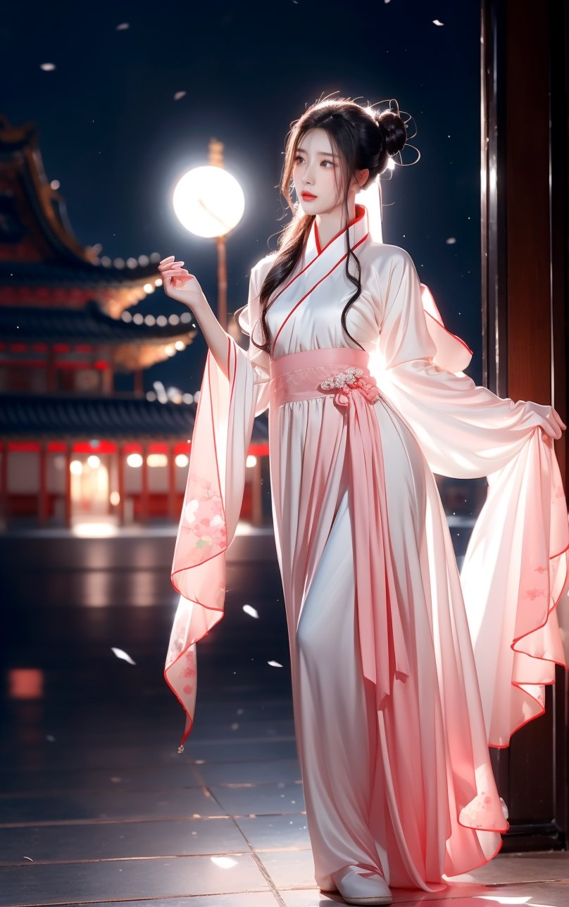 best quality, masterpiece, beautiful and aesthetic, 16K, The splendid ancient Chinese palace architecture, big blue moon, dark night, snow blowing, 1 girl, halo, shining bracelet, (beautiful hanfu, white, pink), The sleeves and skirt of Hanfu flutter in the wind, solo, {beautiful and detailed eyes}, melancholy expression, natural and soft light, delicate facial features, vearrings, Gorgeous necklace, ((sexy pose)), Glamor body type, (white hair,),  beehive, bun,very long hair, hair past hip, curly hair, flim grain, realhands, masterpiece, Best Quality, photorealistic, ultra-detailed, finely detailed, high resolution, perfect dynamic composition, beautiful detailed eyes, eye smile, ((nervous, embarrassed)), sharp focus, full body, sexy pose, KKK3