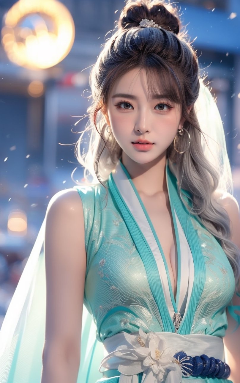 The background is midnight sky,big blue moon,dark night,snow blowing,16 yo, 1 girl,sword,halo,shining bracelet,beautiful hanfu(white, transparent),cape, cloth blowing in wind, solo, {beautiful and detailed eyes}, calm expression, natural and soft light, delicate facial features, cute japanese idol, very small earrings, ((model pose)), Glamor body type, (silver hair:1.2),  beehive,big bun,very_long_hair, hair past hip, curly hair, flim grain, realhands, masterpiece, Best Quality, photorealistic, ultra-detailed, finely detailed, high resolution, perfect dynamic composition, beautiful detailed eyes, eye smile, ((nervous and embarrassed)), sharp-focus, full_body, sexy pose,QQQ3