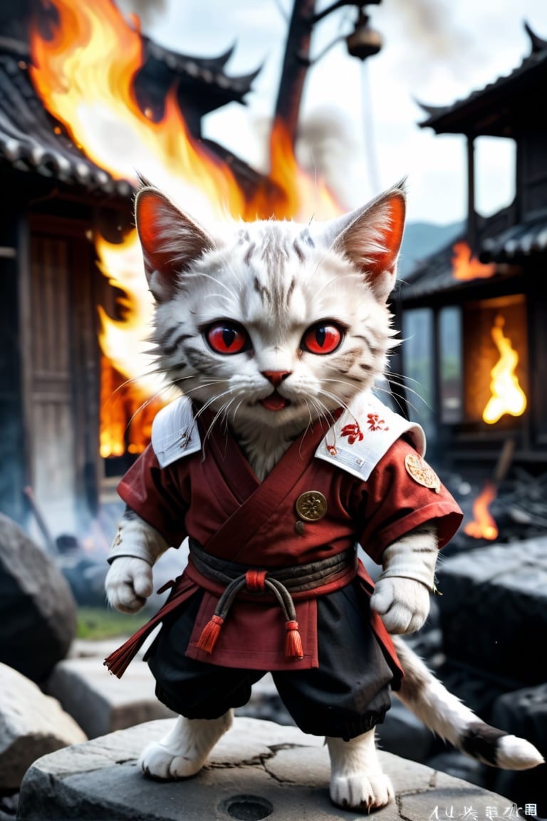 Cat warrior, Anthropomorphic, Standing on two legs,, Full body, The background is a village that is being burned by fire, A dilapidated village, There are flames in many places, Best quality, Masterpiece, beautiful and aesthetic, 32K, (HDR:1.4), High contrast, (Vibrant color:0.5), (muted colors, dim colors, soothing tones:1.3), Exquisite details and textures, Cinematic shot, Cold tone, (Dark and intense:1.2), Wide shot, Ultra realistic illustration, Siena natural ratio, Art by Luis Royo and Gustave Moreau, (MARTIAL ART POSE:1.4) (Extreamly delicate and beautiful:1.2), (Masterpiece, best:1.2), Cool and determined, Angry eyes and expressions, The red eyes bring out two long irregular red rays, (Wears red and white hanfu,), Intricate detailing, Exquisite eyes and detailed face, Perfect eyes, Equal eyes, Fantastic lights and shadows, Finely detail, Depth of field, Fine and delicate cat hair, Cumulus, Wind, Insanely night sky, Slightly open mouth, Depth of field, Angle , Contour deepening, Cinematic angle, Enhance details, realistic, cat,ral-lava