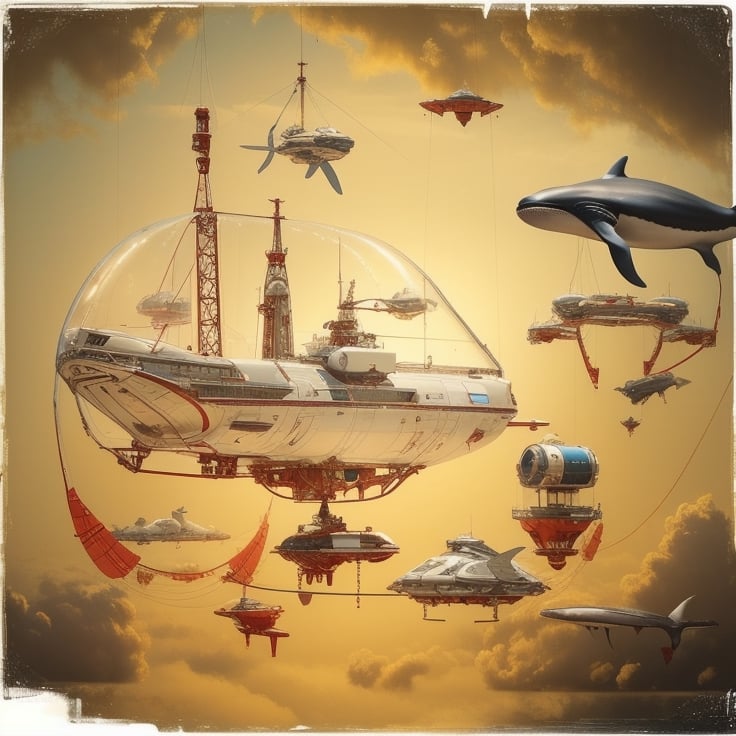 Best quality, Masterpiece, Beautiful and aesthetic, 32K, High contrast, Natural and soft light, Realistic, Photorealistic, Ultra detailed, Finely detailed, High resolution, Perfect dynamic composition, A huge whale-shaped spaceship, Flying in the blue sky and white clouds, The upper part of the whale-shaped spaceship is a transparent glass cover, There are small architectural clusters inside the glass cover, Whale fin-shaped wings with turbo rockets, The whale-shaped spacecraft has turbo rockets on both sides of its belly,Mechanical fish,ftspcft,STEAM PUNK