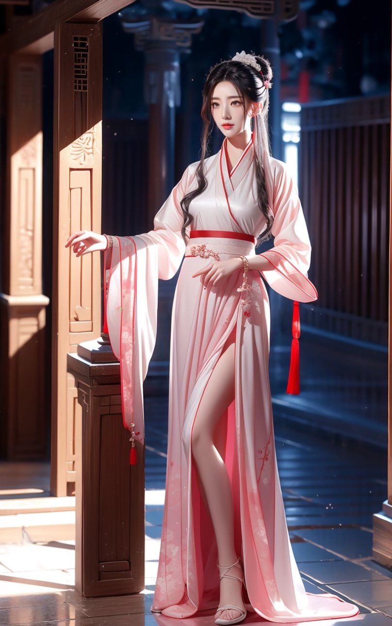 best quality, masterpiece, beautiful and aesthetic, 16K, The splendid ancient Chinese palace architecture, big blue moon, dark night, snow blowing, 1 girl, halo, shining bracelet, (beautiful hanfu, white, pink), The sleeves and skirt of Hanfu flutter in the wind, solo, {beautiful and detailed eyes}, melancholy expression, natural and soft light, delicate facial features, vearrings, Gorgeous necklace, ((sexy pose)), Glamor body type, (white hair,),  beehive, bun,very long hair, hair past hip, curly hair, flim grain, realhands, masterpiece, Best Quality, photorealistic, ultra-detailed, finely detailed, high resolution, perfect dynamic composition, beautiful detailed eyes, eye smile, ((nervous, embarrassed)), sharp focus, full body, sexy pose, KKK3