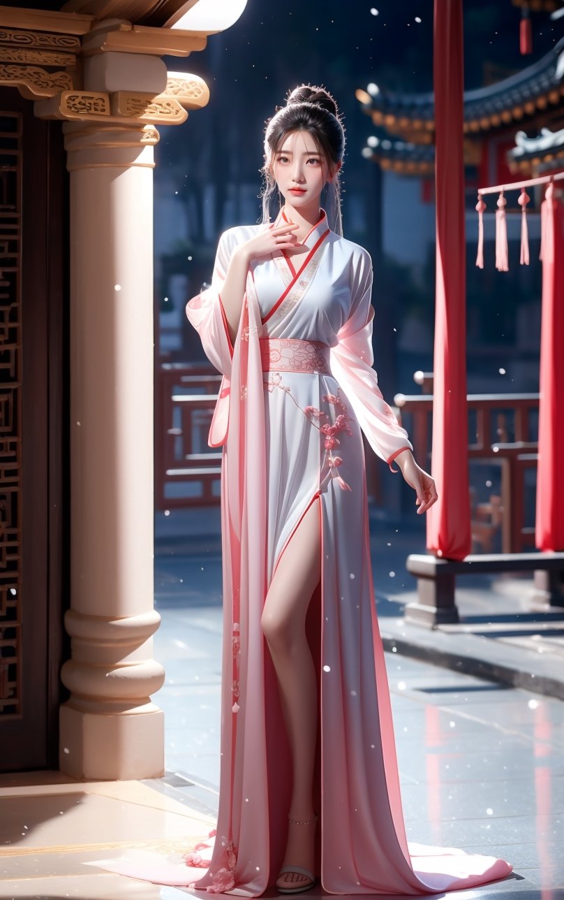 best quality, masterpiece, beautiful and aesthetic, 16K, The splendid ancient Chinese palace architecture, big blue moon, dark night, snow blowing, 1 girl, halo, shining bracelet, (beautiful hanfu, white, pink), The sleeves and skirt of Hanfu flutter in the wind, solo, {beautiful and detailed eyes}, melancholy expression, natural and soft light, delicate facial features, vearrings, Gorgeous necklace, ((sexy pose)), Glamor body type, (white hair,),  beehive, bun,very long hair, hair past hip, curly hair, flim grain, realhands, masterpiece, Best Quality, photorealistic, ultra-detailed, finely detailed, high resolution, perfect dynamic composition, beautiful detailed eyes, eye smile, ((nervous, embarrassed)), sharp focus, full body, sexy pose, KKK3