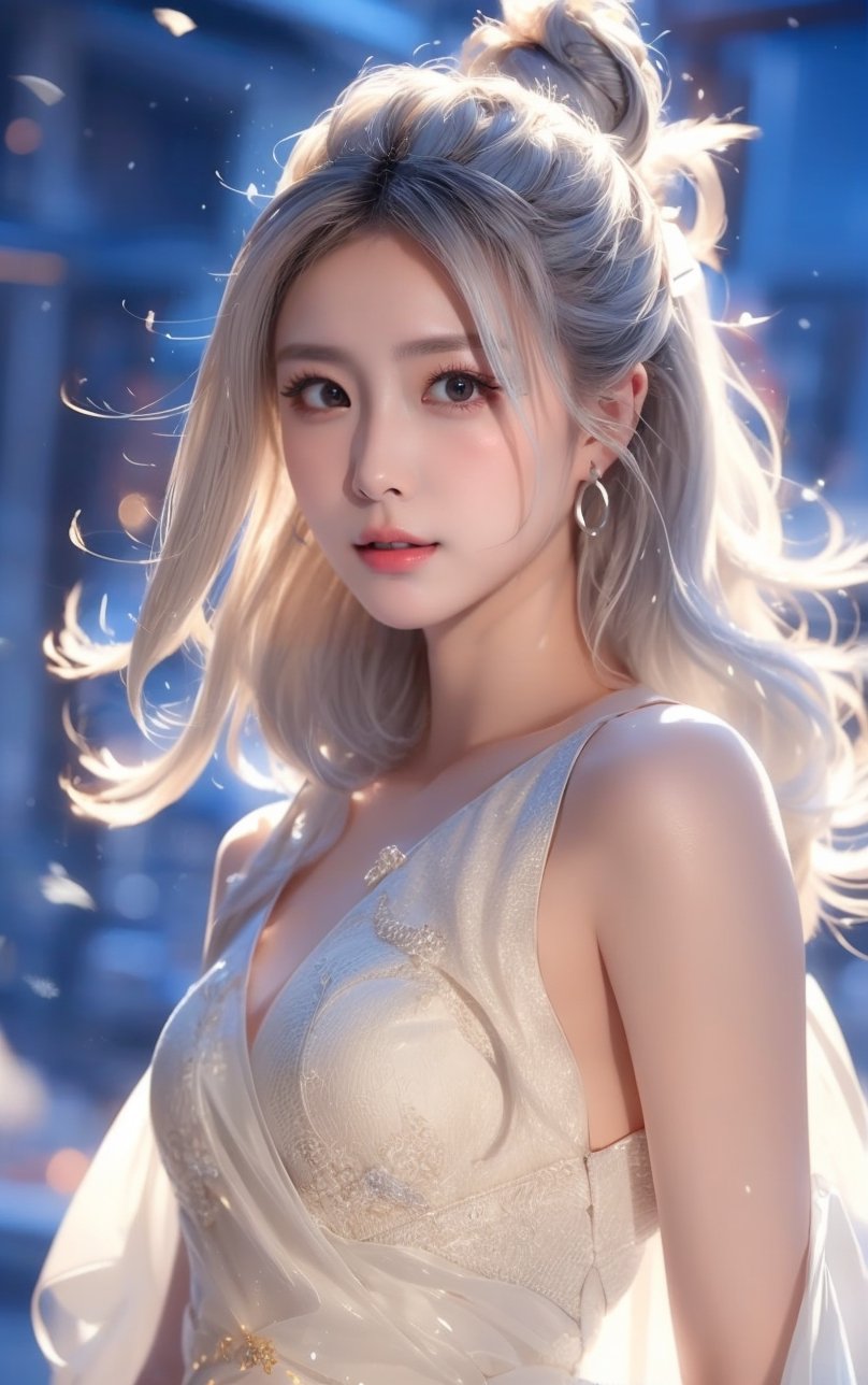 The background is midnight sky,big blue moon,dark night,snow blowing,16 yo, 1 girl,sword,halo,shining bracelet,beautiful hanfu(white, transparent),cape, cloth blowing in wind, solo, {beautiful and detailed eyes}, calm expression, natural and soft light, delicate facial features, cute japanese idol, very small earrings, ((model pose)), Glamor body type, (silver hair:1.2),  beehive,big bun,very_long_hair, hair past hip, curly hair, flim grain, realhands, masterpiece, Best Quality, photorealistic, ultra-detailed, finely detailed, high resolution, perfect dynamic composition, beautiful detailed eyes, eye smile, ((nervous and embarrassed)), sharp-focus, full_body, sexy pose,QQQ3