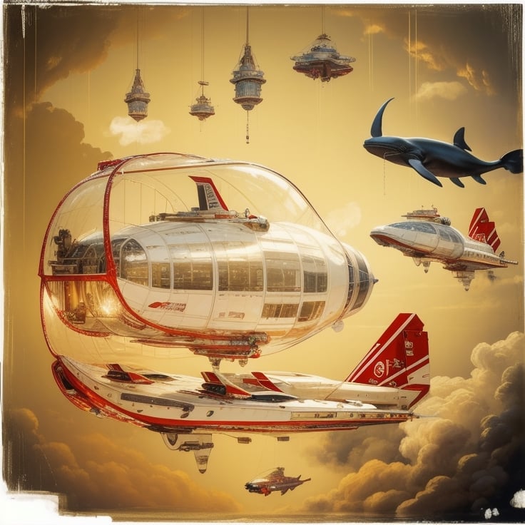 Best quality, Masterpiece, Beautiful and aesthetic, 32K, High contrast, Natural and soft light, Realistic, Photorealistic, Ultra detailed, Finely detailed, High resolution, Perfect dynamic composition, A huge whale-shaped spaceship, Flying in the blue sky and white clouds, The upper part of the whale-shaped spaceship is a transparent glass cover, There are small architectural clusters inside the glass cover, Whale fin-shaped wings with turbo rockets, The whale-shaped spacecraft has turbo rockets on both sides of its belly,Mechanical fish,ftspcft,STEAM PUNK