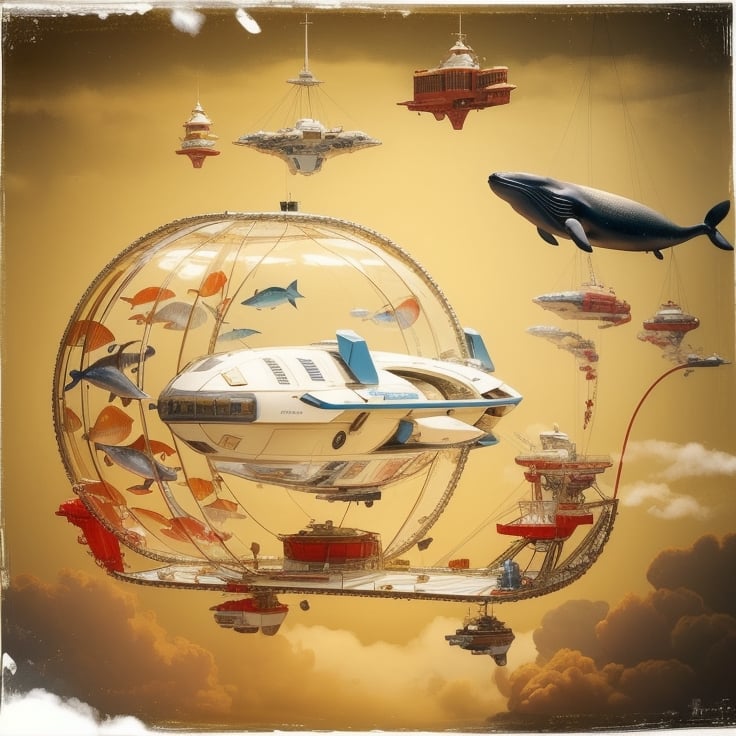 Best quality, Masterpiece, Beautiful and aesthetic, 32K, High contrast, Natural and soft light, Realistic, Photorealistic, Ultra detailed, Finely detailed, High resolution, Perfect dynamic composition, A huge whale-shaped spaceship, Flying in the blue sky and white clouds, The upper part of the whale-shaped spaceship is a transparent glass cover, There are small architectural clusters inside the glass cover, Whale fin-shaped wings with turbo rockets, The whale-shaped spacecraft has turbo rockets on both sides of its belly,Mechanical fish,ftspcft,STEAM PUNK