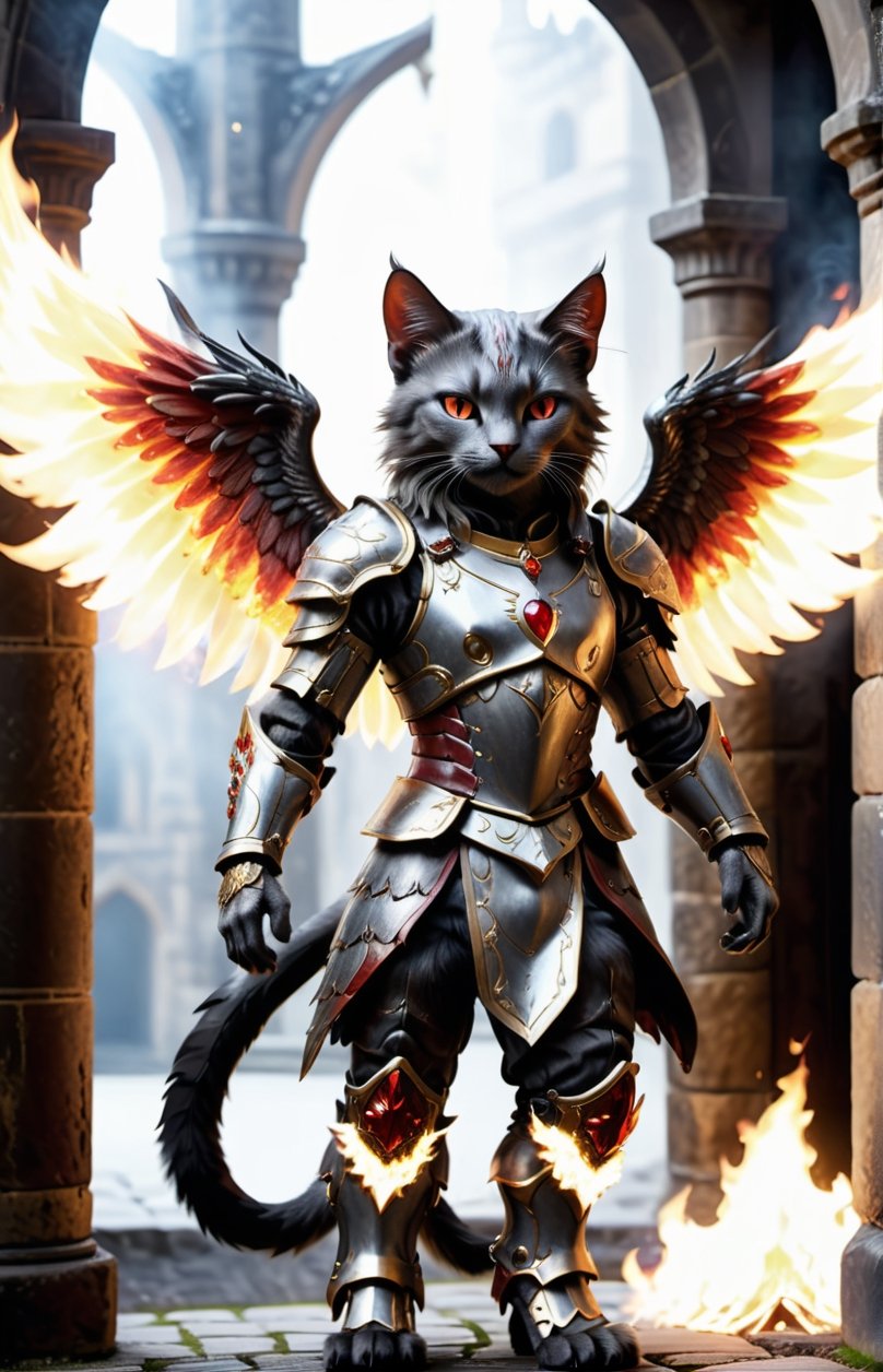 (16k), (masterpiece), (full body shot,), (highest quality), (highly complex), (realistic), (sharp focus), (cinematic lighting), (highly detailed), (full body shot,) , In a magnificent castle filled with golden decorations, a Cat, Anthropomorphic, Standing on two legs, Cat wearing fiery red gem-encrusted armor, Fiery red wings inlaid with gems, Metal wings emit flames, accurate anatomical body and hands, hands radiating fire, delicate features, Red eyes, eyes radiating fire, Perfect cat body proportions, realistic, cat,ral-lava