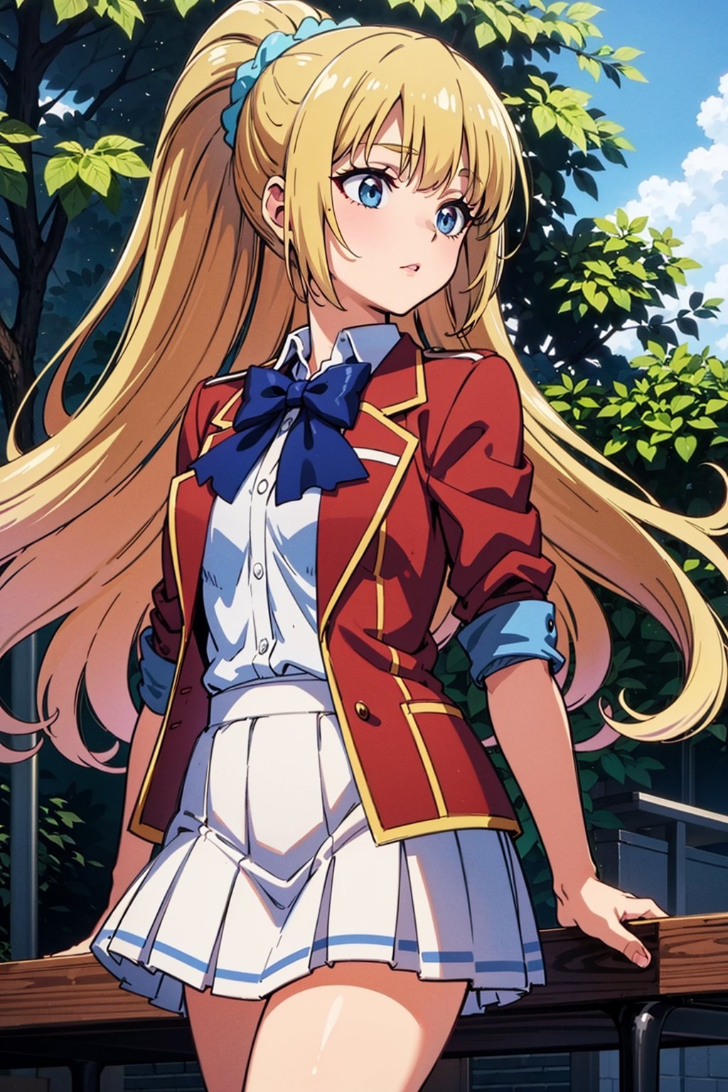  1girl,alone ,long hair, bangs, blunt bangs, purple eyes, blonde hair, shirt, hair ornament, ponytail, scrunchie, blue scrunchie, skirt, shirt, bow, school uniform, jacket, red jacket, pleated skirt, bowtie, sweater, blue bow, blue shirt , White skirt ,masterpiece, best quality, beautiful and very detailed,cote_sakayanagi,cote_kei.,kei karuizawa