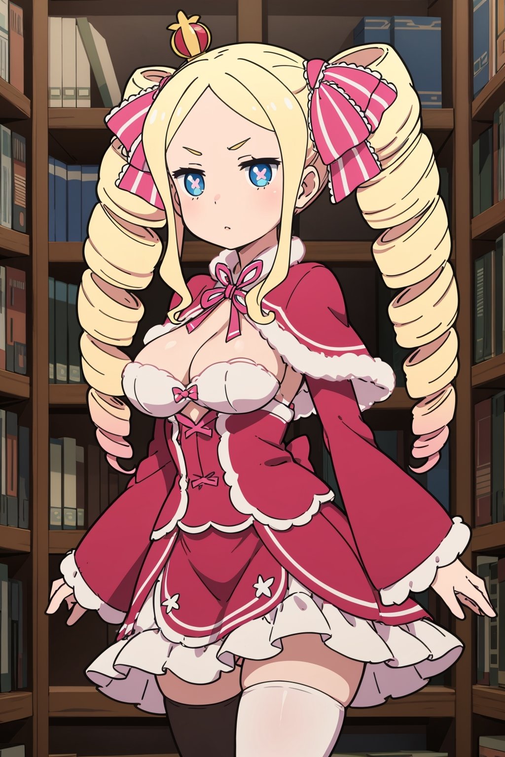 1 girl, adult woman, alone, blonde hair, long hair, twin drills, side locks, V-shaped eyebrows, blue eyes, symbol-shaped pupils, large breasts, hair ribbon, pink bow, cape with decorations fur, red cape, dress, ruffled dress, red dress, bow, ribbon, long sleeves, separate sleeves, wide sleeves, ruffles, thigh high stockings, striped stockings, neckline, library