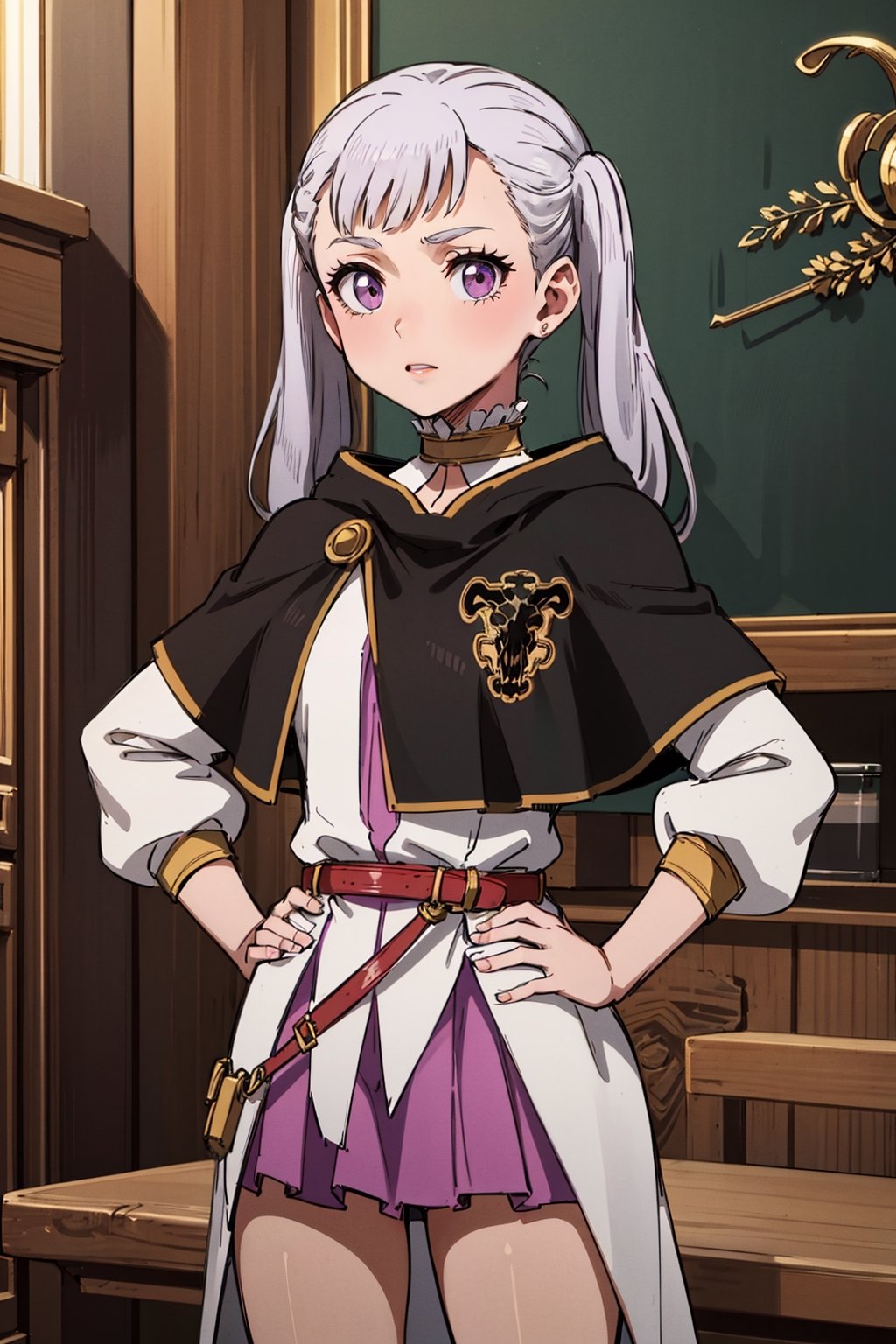 1girl, alone,  pink eyes,  twintails ,  long hair,   silver hair,  bangs,  eyelashes ,capelet, choker, belt, skirt, long sleeves, separate sleeves,miniskirt, white dress, frills ,Noelle,best quality, masterpiece, high detail, beautiful, standing, hands on hips.