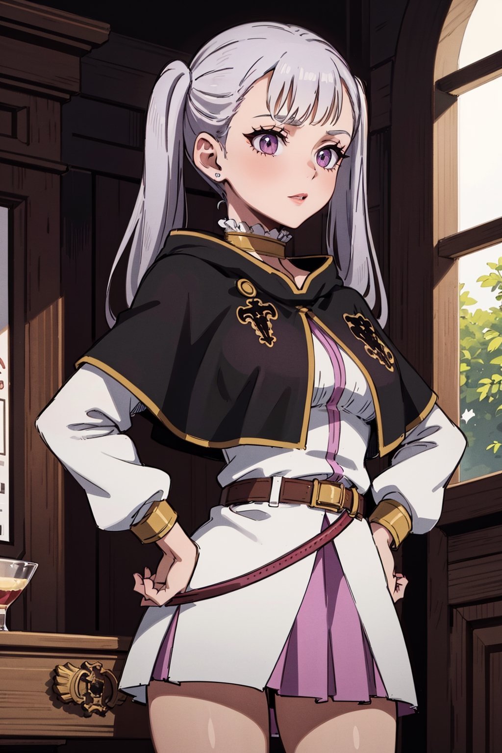 1girl, alone,  pink eyes,  twintails ,  long hair,   silver hair,  bangs,  eyelashes ,capelet, choker, belt, skirt, long sleeves, separate sleeves,miniskirt, white dress, frills,  neckline, medium breasts  ,Noelle,best quality, masterpiece, high detail, beautiful, standing, hands on hips., 