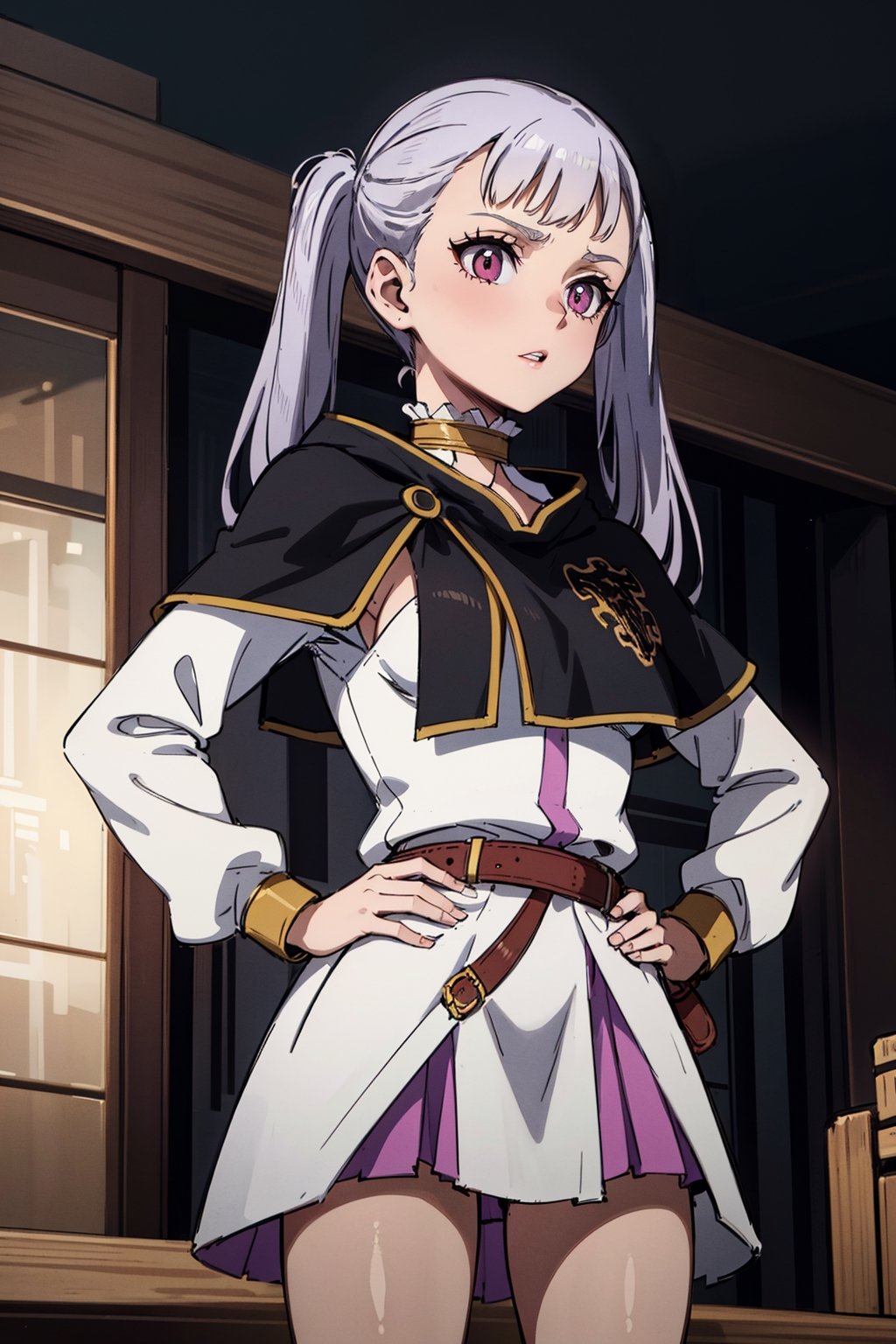 1girl, alone,  pink eyes,  twintails ,  long hair,   silver hair,  bangs,  eyelashes ,capelet, choker, belt, skirt, long sleeves, separate sleeves,miniskirt, white dress, frills,  neckline, medium breasts  ,Noelle,best quality, masterpiece, high detail, beautiful, standing, hands on hips., 