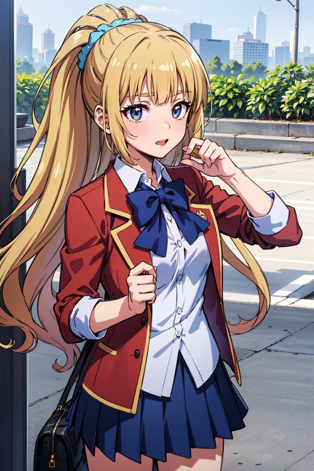  1girl,alone ,long hair, bangs, blunt bangs, purple eyes, blonde hair, shirt, hair ornament, ponytail, scrunchie, blue scrunchie, skirt, shirt, bow, school uniform, jacket, red jacket, pleated skirt, bowtie, sweater, blue bow, blue shirt , White skirt ,masterpiece, best quality, beautiful and very detailed,cote_sakayanagi,cote_kei.,kei karuizawa