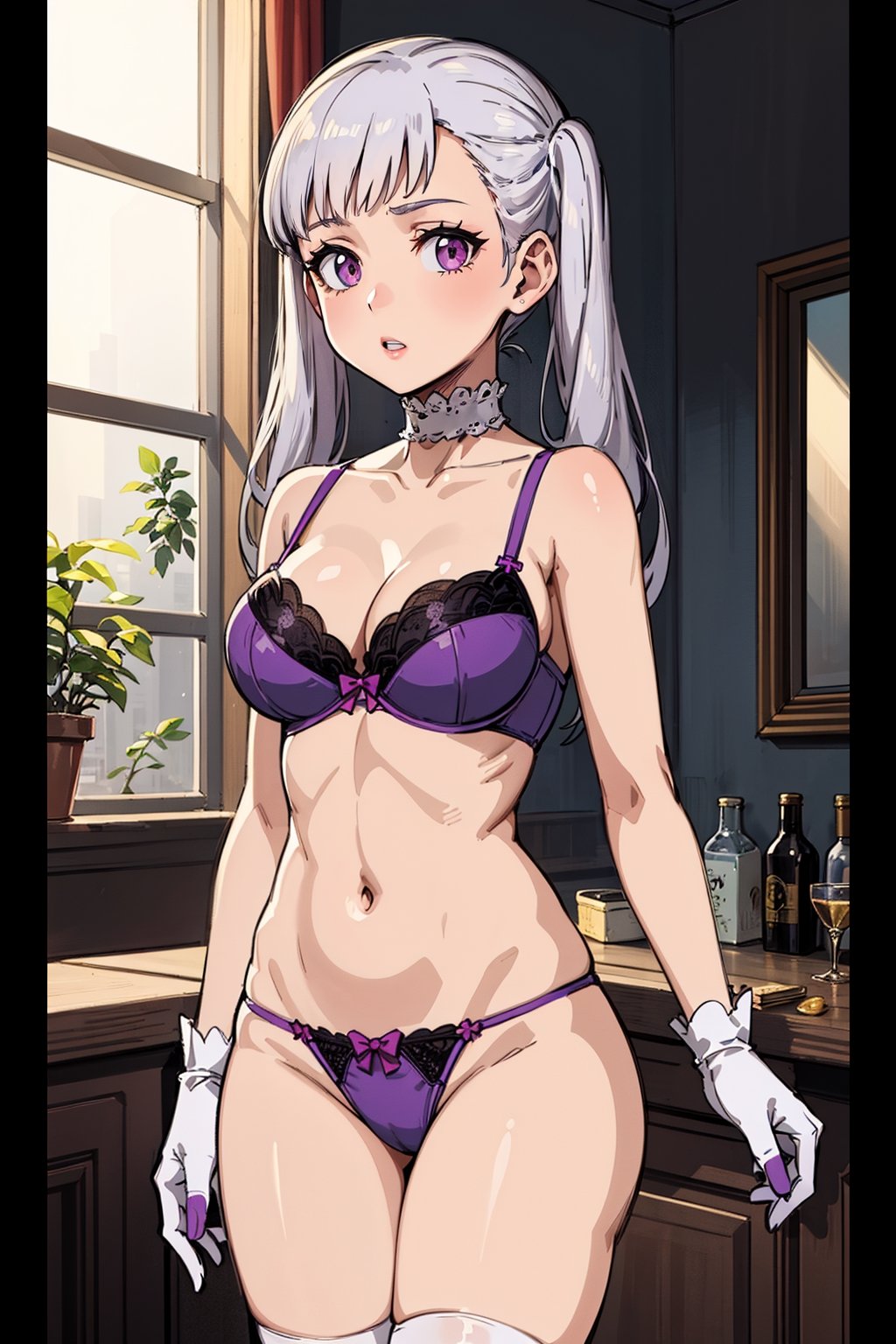 1girl, alone, pink eyes, two pigtails, long hair, silver hair, bangs, eyelashes, choker, purple lingerie, underwear, bra, thong, bridal gloves, thigh-high stockings, cleavage, medium breasts, Noelle, best quality, masterpiece, great detail, beautiful, from aboves.