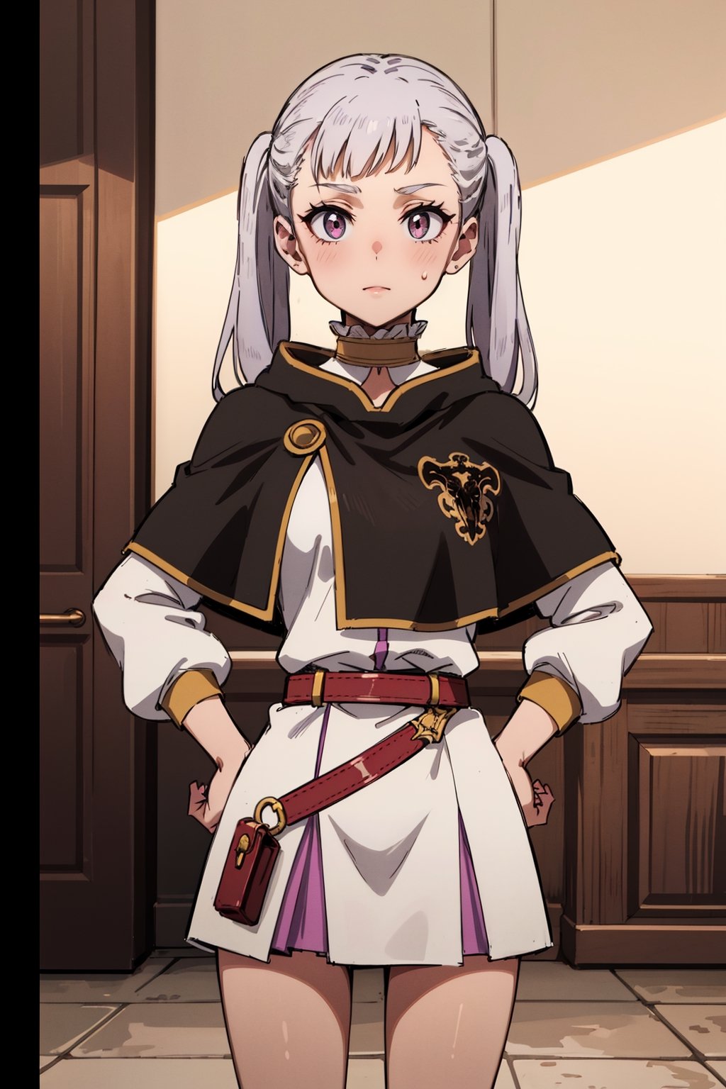 1girl, alone,  pink eyes,  twintails ,  long hair,   silver hair,  bangs,  eyelashes ,capelet, choker, belt, skirt, long sleeves, separate sleeves,miniskirt, white dress, frills,  neckline, medium breasts  ,Noelle,best quality, masterpiece, high detail, beautiful, standing, hands on hips., 