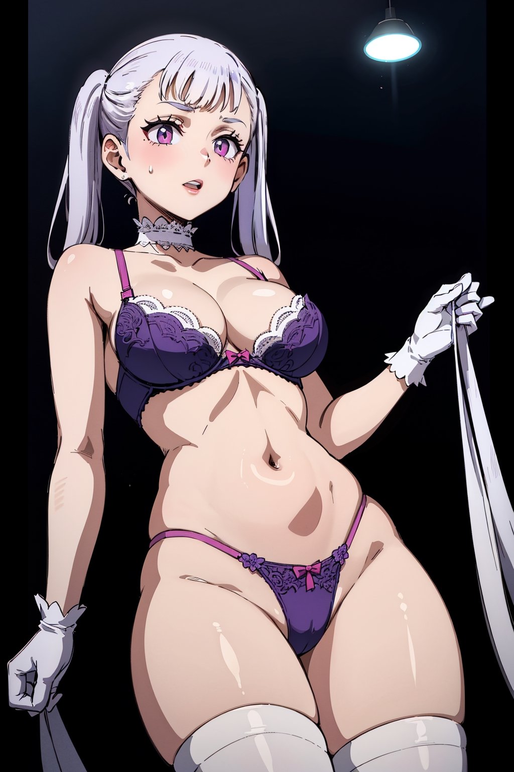 1girl, alone, pink eyes, two pigtails, long hair, silver hair, bangs, eyelashes, choker, purple lingerie, underwear, bra, thong, bridal gloves, thigh-high stockings, cleavage, medium breasts, Noelle, best quality, masterpiece, great detail, beautiful, from below.