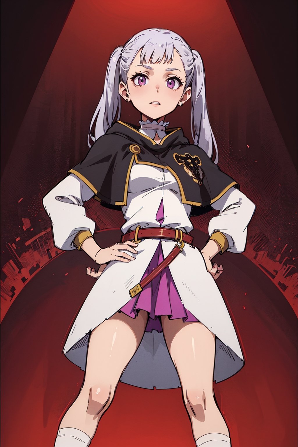 1girl, alone,  pink eyes,  twintails ,  long hair,   silver hair,  bangs,  eyelashes ,capelet, choker, belt, skirt, long sleeves, separate sleeves,miniskirt, white dress, frills,  neckline, medium breasts  ,Noelle,best quality, masterpiece, high detail, beautiful, standing, hands on hips., 