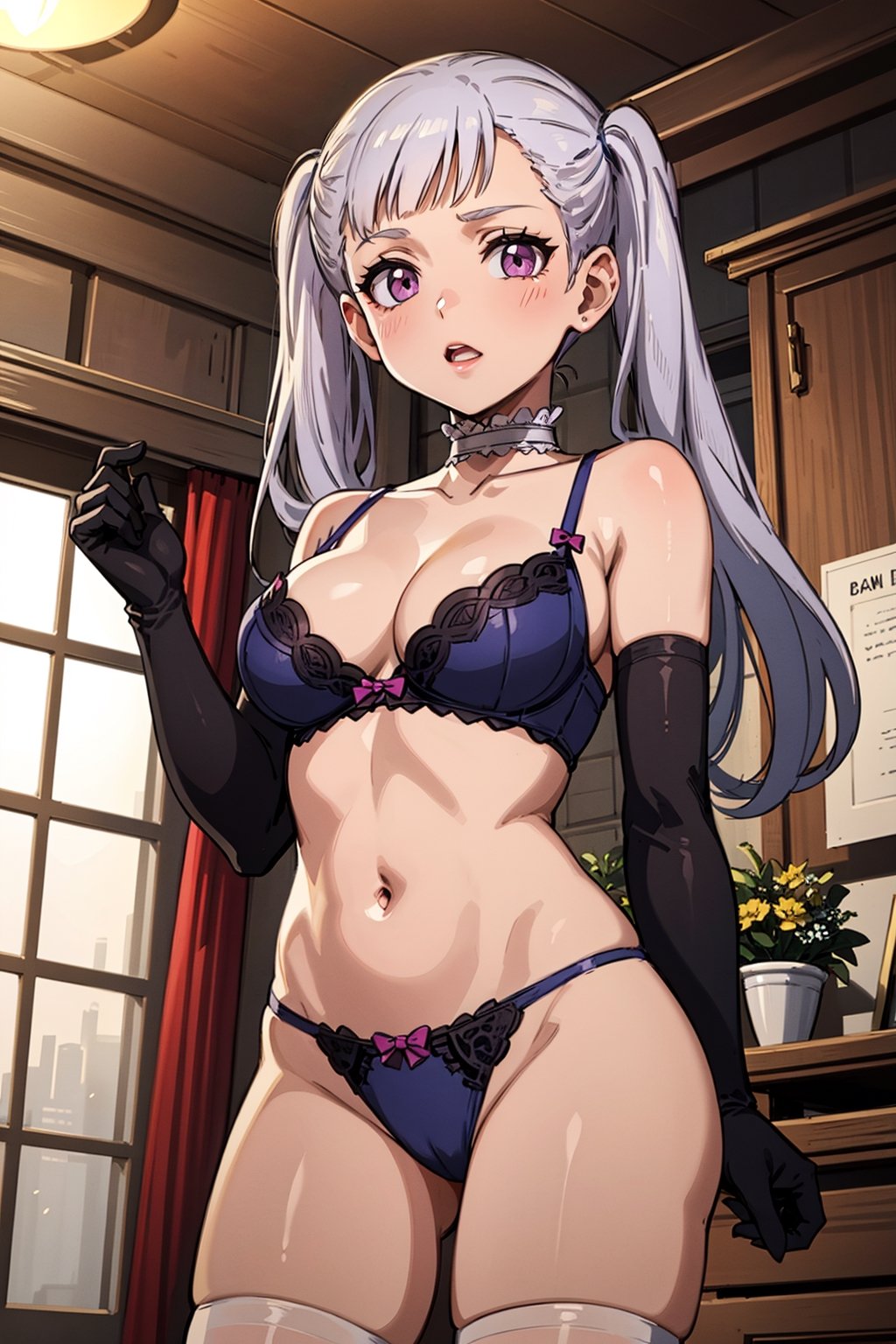 1girl, alone, pink eyes, two pigtails, long hair, silver hair, bangs, eyelashes, choker, purple lingerie, underwear, bra, thong, bridal gloves, thigh-high stockings, cleavage, medium breasts, Noelle, best quality, masterpiece, great detail, beautiful, from below.