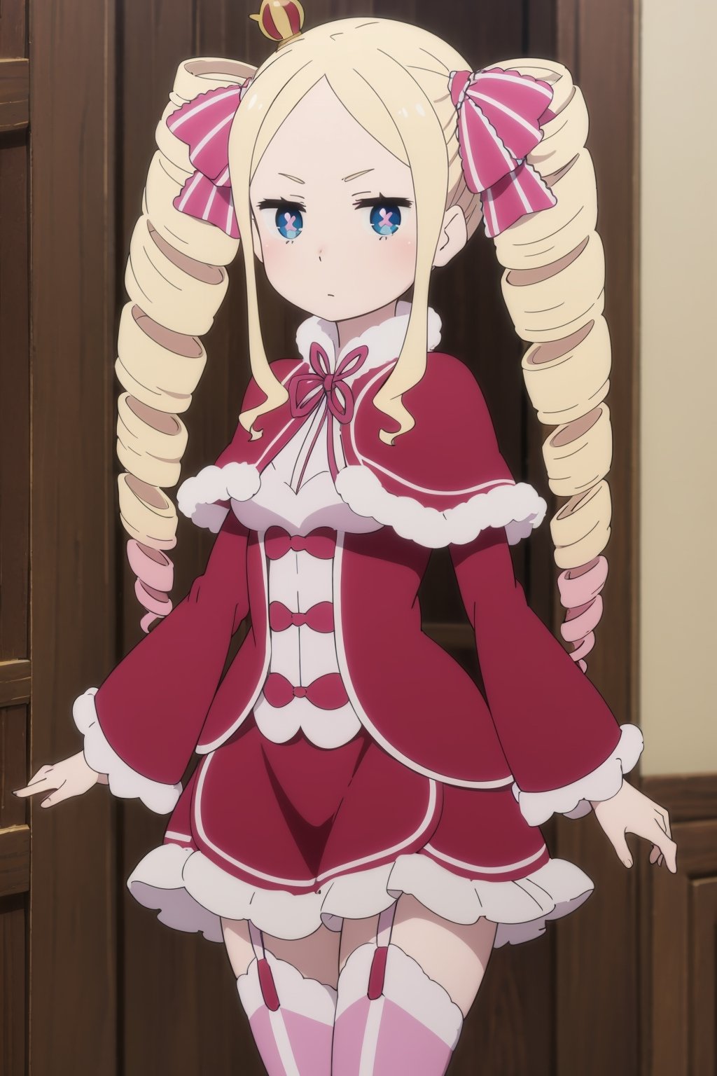 1 girl, adult woman, alone, blonde hair, long hair, twin drills, side locks, V-shaped eyebrows, blue eyes, symbol-shaped pupils, medium breasts, hair ribbon, pink bow, cape with decorations fur, red cape, dress, ruffled dress, red dress, bow, ribbon, long sleeves, wide sleeves, ruffles, thigh high stockings, striped stockings, neckline