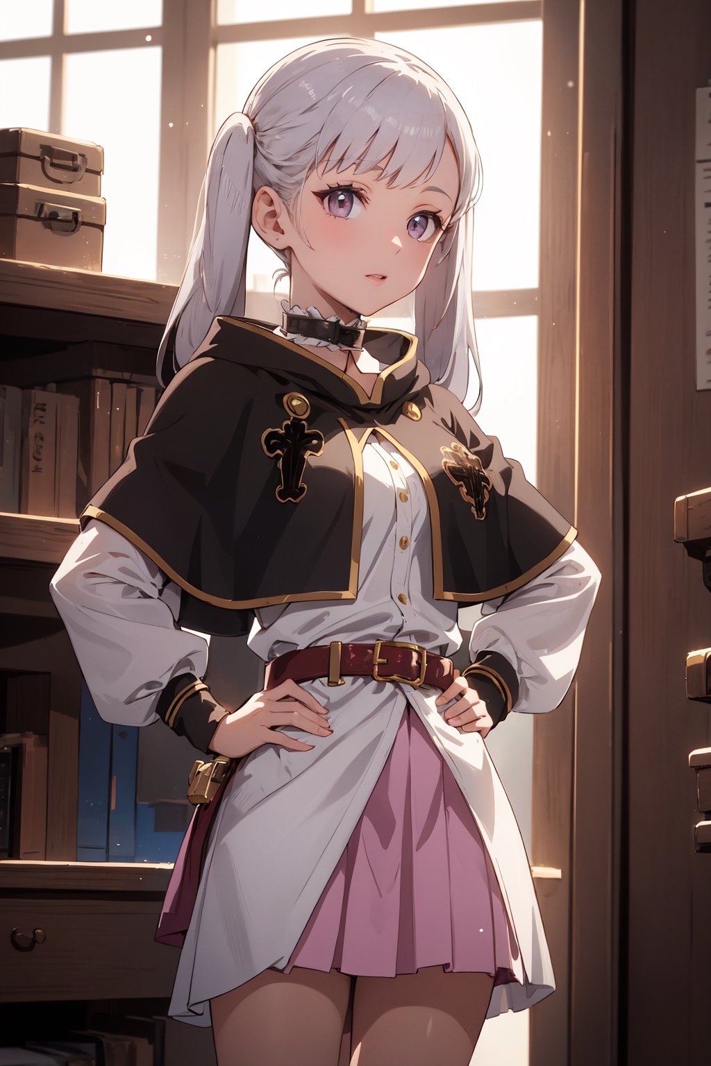 1girl, alone,  pink eyes,  twintails ,  long hair,   silver hair,  bangs,  eyelashes ,capelet, choker, belt, skirt, long sleeves, separate sleeves,miniskirt, white dress, frills,  neckline,Noelle,best quality, masterpiece, high detail, beautiful, standing, hands on hips., 