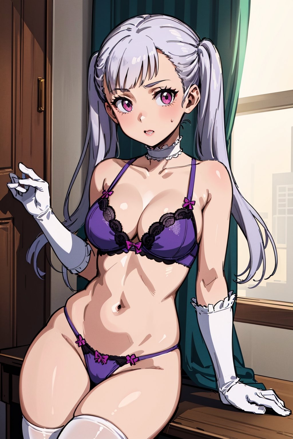 1girl, alone, pink eyes, two pigtails, long hair, silver hair, bangs, eyelashes, choker, purple lingerie, underwear, bra, thong, bridal gloves, thigh-high stockings, cleavage, medium breasts, Noelle, best quality, masterpiece, great detail, beautiful.