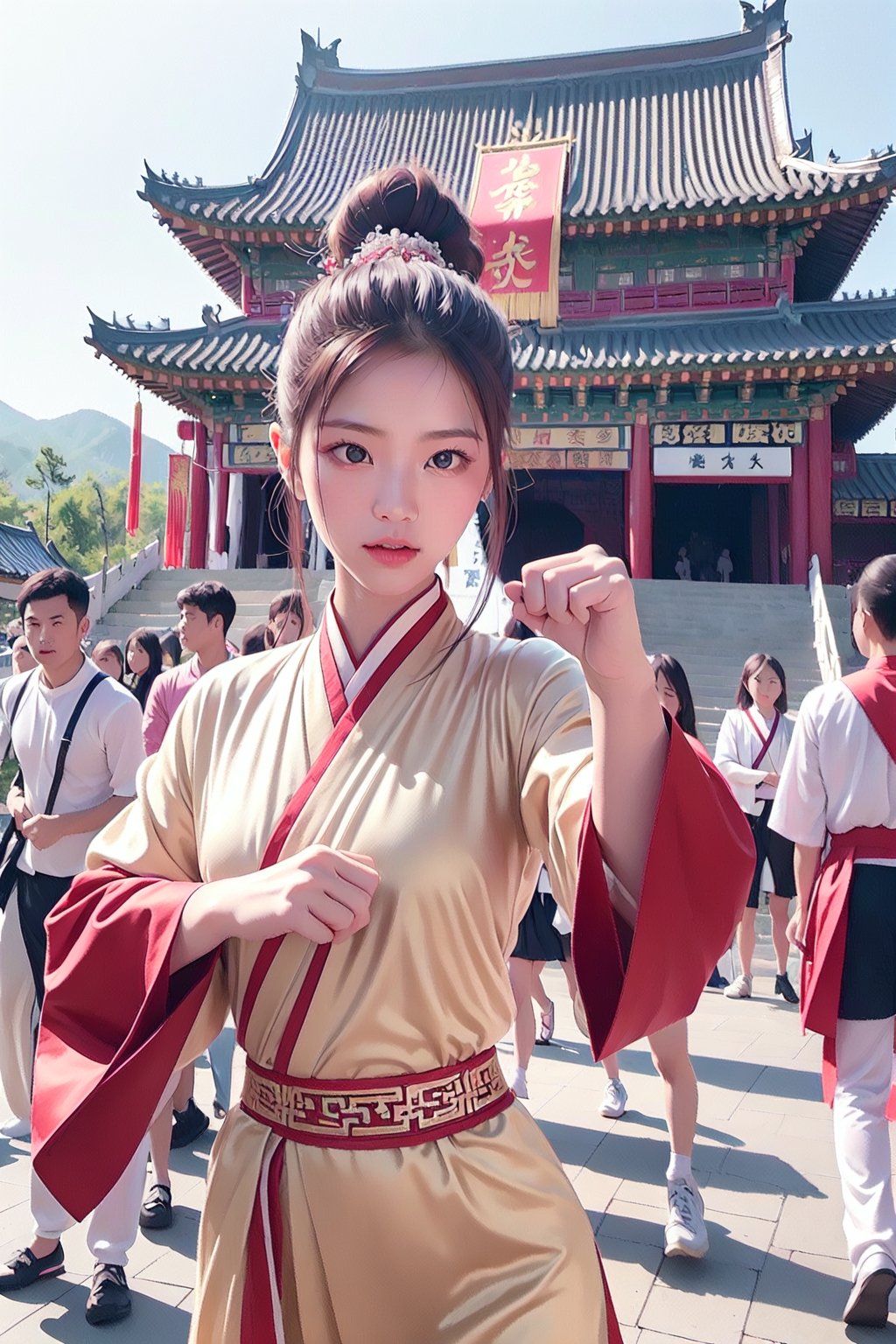 Real photo,  a 20-year-old Taiwanese female martial artist,  beautiful and elegant,  with long hair,  tied in a ponytail,  wearing a white transparent silk Hanfu,  performing a set of Chinese martial arts,  punching hard and powerful,  movements smooth and smooth,  eyes focused and sharp,  like a heroine in ancient times,  the background is an empty Chinese palace,  cinematic quality,  real handicraft,  masterpiece,  best quality,  ultra-detailed,  fine,  high resolution,  perfect dynamic composition,  sharp focus,  full body,  ruanyi0060