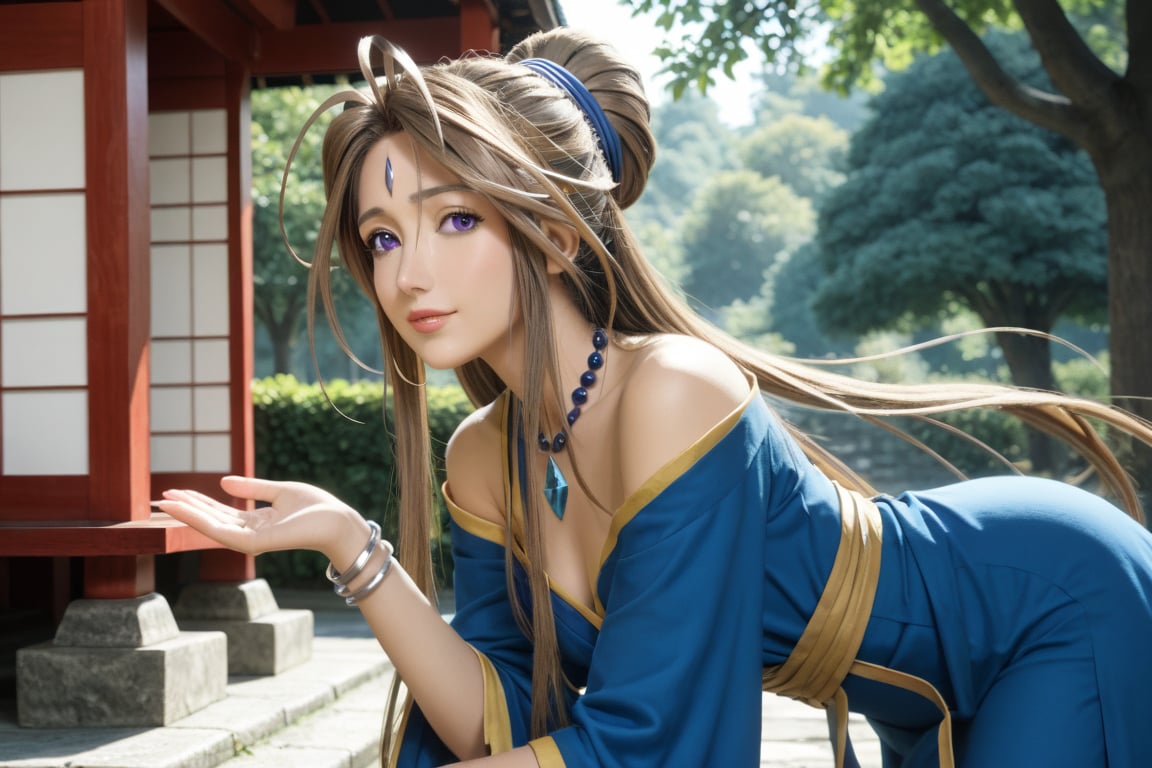 (happy laugh:0.6), godhurd, oh my goodness, goddess Belldandy, long hair, (purple eyes: 1.1), looks like a 17-year-old Japanese girl, long brown hair, brown hair, fair and shiny skin, female, look Looking at the viewer, (top quality: 1.2), (ultra high resolution: 1.0), there is a huge dark blue diamond symbol on the forehead, large dark blue triangle symbols on both cheeks, a blue robe, revealing Shoulders, medium chest, perfect body, jewelry, necklace, bracelet, (Masterpiece: 1.2), in front of the shrine, outside the shrine, bright sunlight, many big trees around, high resolution, unified 8k wallpaper, (beautiful Detailed eyes: 1.4), extremely detailed face, perfect lighting, extremely detailed CG, (perfect hands, perfect anatomy), close-up, leaning forward, (from the side)