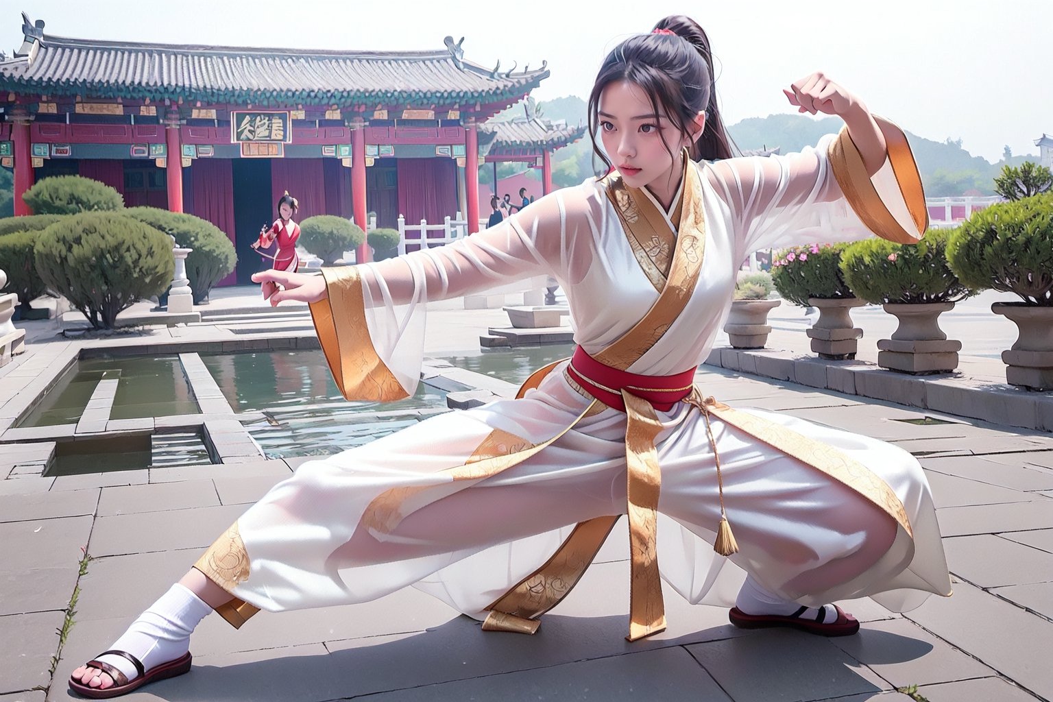 Real photo,  a 20-year-old Taiwanese female martial artist,  beautiful and elegant,  with long hair,  tied in a ponytail,  wearing a white transparent silk Hanfu,  performing a set of Chinese martial arts,  punching hard and powerful,  movements smooth and smooth,  eyes focused and sharp,  like a heroine in ancient times,  the background is an empty Chinese palace,  cinematic quality,  real handicraft,  masterpiece,  best quality,  ultra-detailed,  fine,  high resolution,  perfect dynamic composition,  sharp focus,  full body,  ruanyi0060