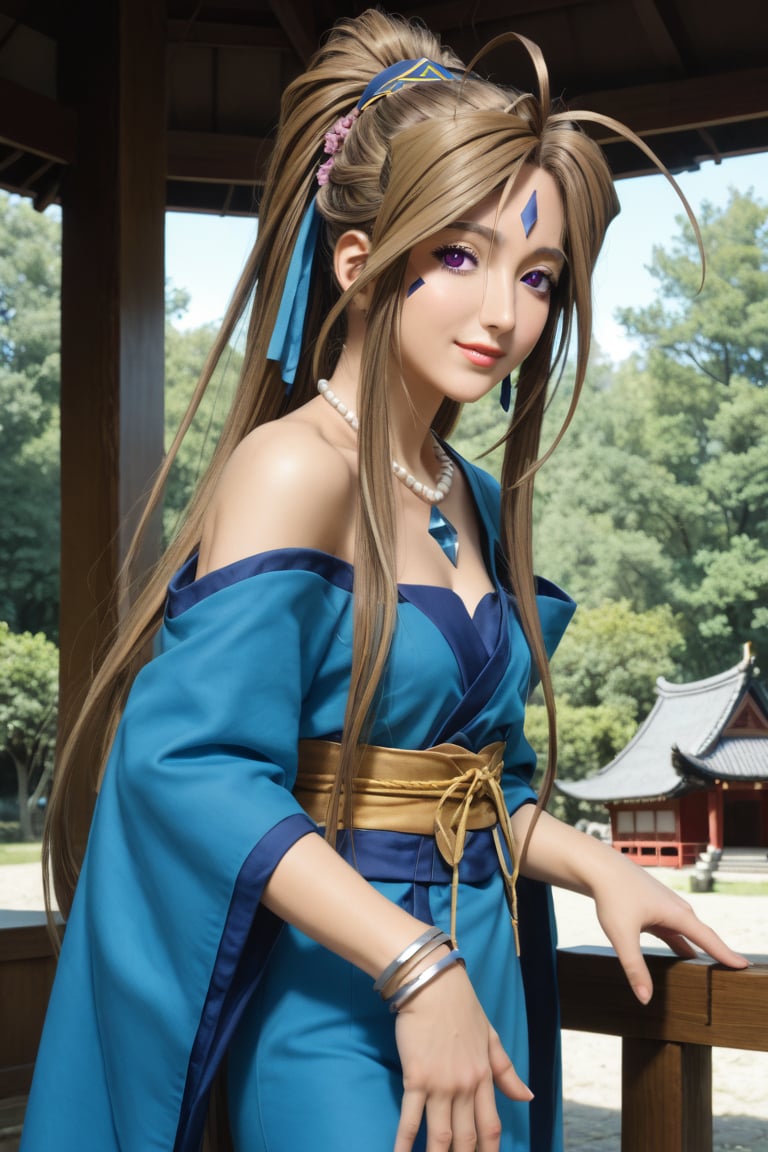 (happy laugh:0.9), godhurd, oh my goodness, goddess Belldandy, long hair, (purple eyes: 1.1), looks like a 17-year-old Japanese girl, long brown hair, brown hair, fair and shiny skin, female, look Looking at the viewer, (top quality: 1.2), (ultra high resolution: 1.0), there is a huge dark blue diamond symbol on the forehead, large dark blue triangle symbols on both cheeks, a blue robe, revealing Shoulders, medium chest, perfect body, jewelry, necklace, bracelet, (Masterpiece: 1.2), in front of the shrine, outside the shrine, bright sunlight, many big trees around, high resolution, unified 8k wallpaper, (beautiful Detailed eyes: 1.4), extremely detailed face, perfect lighting, extremely detailed CG, (perfect hands, perfect anatomy), close-up, leaning forward, (from the side)