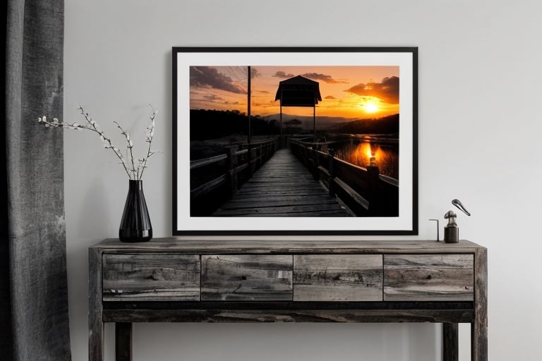 all in black and white, wooden frame, landscapes with sunset
