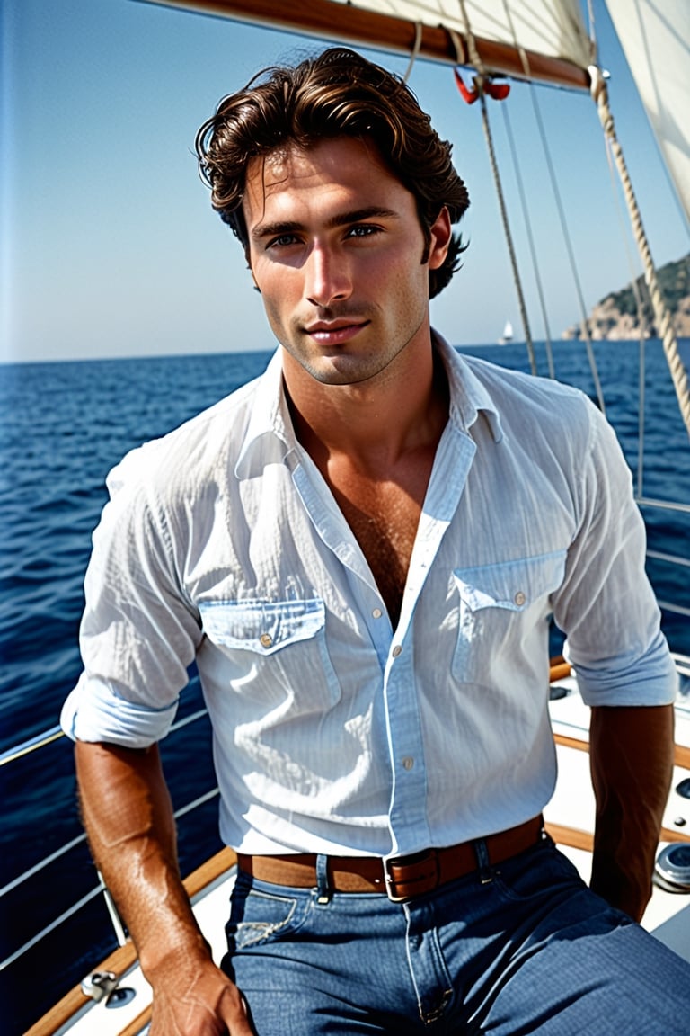 #Art-Intelligent. (Beauty photograph:1.4) of a italian sailor men, 28 years old, full natural lips, (freckles:1.1), dark_hair, shaved sides,  light_blue_eyes, tanned skin, high cheekbones, (wide bulbous nose:1.4), (nose turned upward:1.4), slim, (jeans and shirt dressed), driving a sail boat, sexy and alluring, muted colours, vaporwave aesthetics, (photorealistic:1.4), from above, well-lit, (shot on Hasselblad 500CM:1.4), Fujicolor Pro film, (photorealistic:1.3), highest quality, detailed and intricate, original shot,detailmaster2,