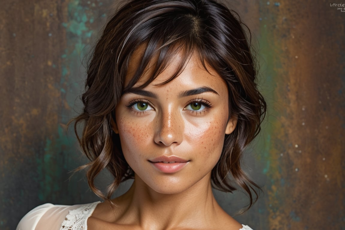 #Art-Intelligent. (Beauty photograph:1.3) of a petite latina woman, 36 years old, full natural lips, (freckles:1.3), pixie haircut with long bangs, shaved sides, green eyes, tanned skin, high cheekbones, (wide bulbous nose:1.4), (nose turned upward:1.4), slim, 