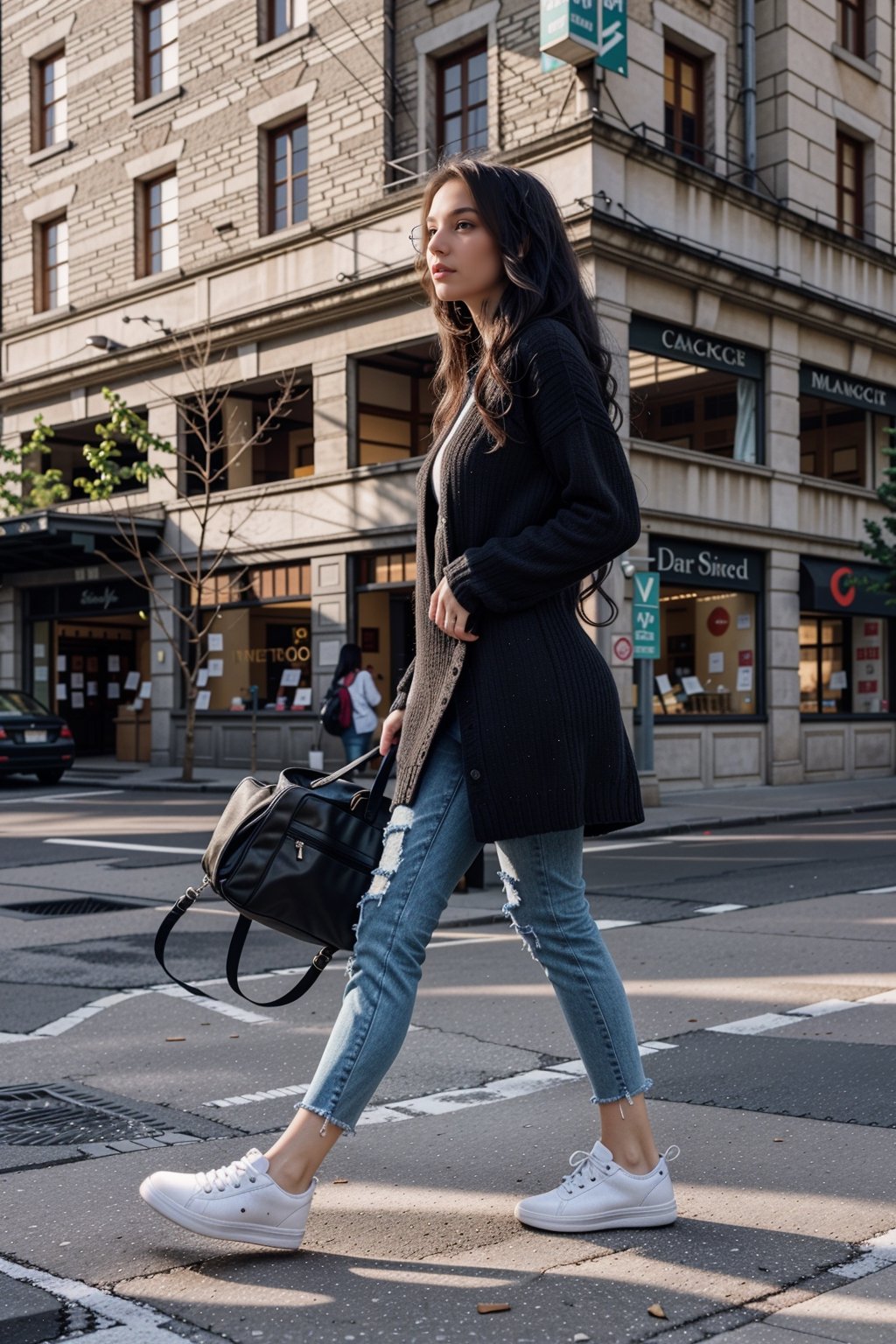 (masterpiece), beautiful italian woman, slim body, most beautiful, sneakers 30 year old, masterpiece, black hair, wavy hair, blue_jeans, white skin, sharp jawline, sweater, messy hair, half body, tight dress, red lips, black eye, hd, 16k realistic,Masterpiece,Detailedface,perfect,hand,Glasses,<lora:659111690174031528:1.0>