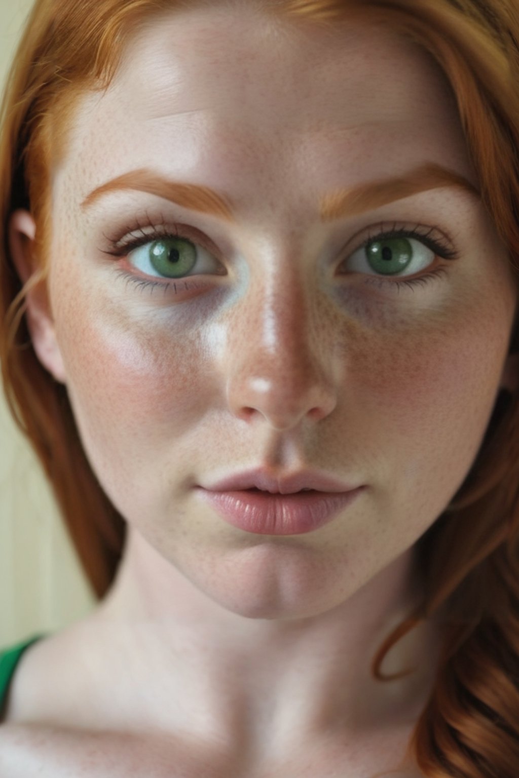 big boobies woman, green eyes, button nose, ginger hair, freckles, round lips, round face, doe eyes