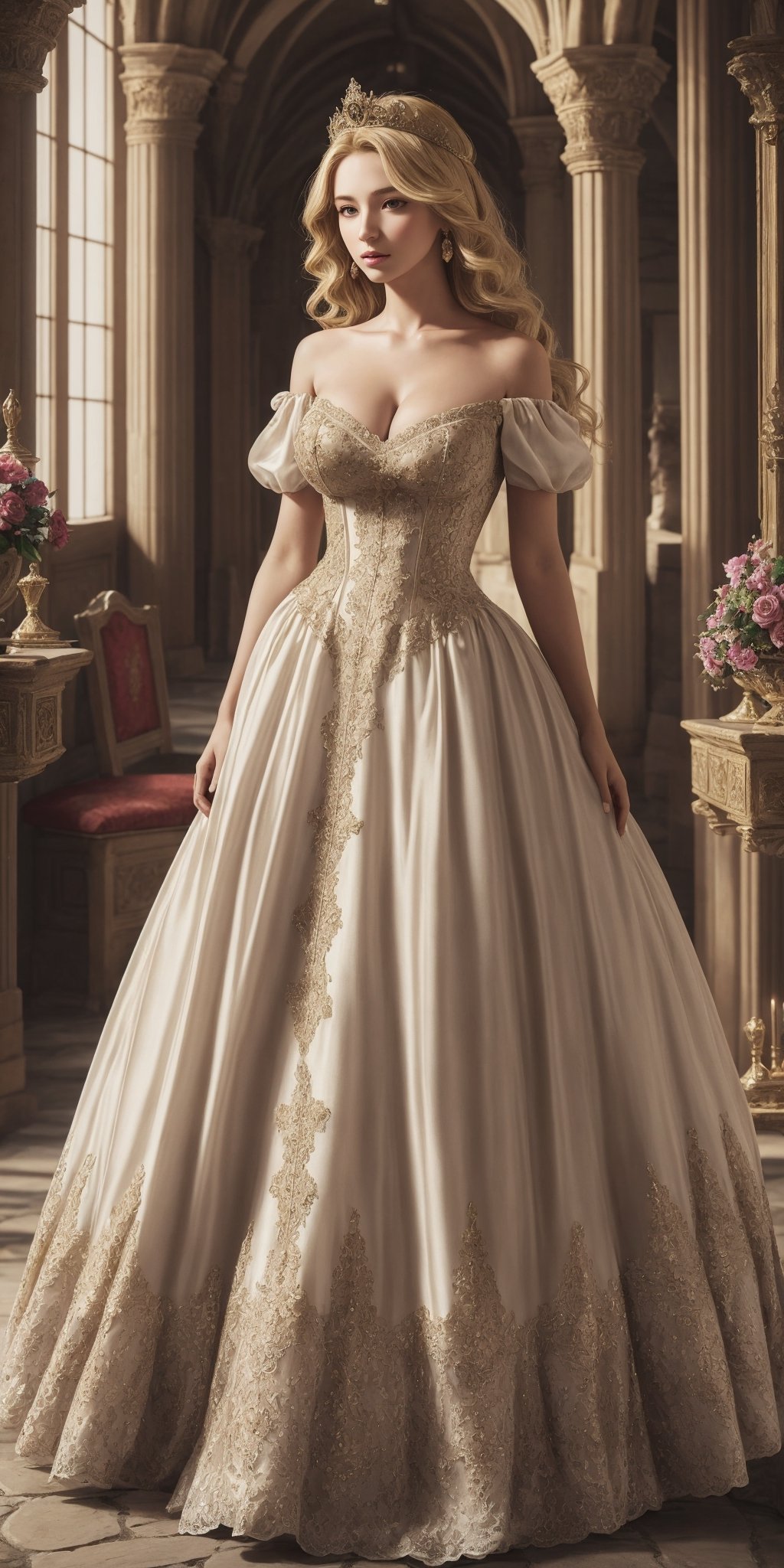 1 girl, half body shot, beautiful 18 y.o. medieval girl, blonde hair:2, long hair:2, photorealistic:1.4, big breasts:2, 16k, medieval dress:2, luxurious fabric, intricate embroidery:1.5, open-shoulder:1.5, posing inside a medieval castle, intricate:2, ardent:1.3, gentle:1.3, noble:1.4, regal:1.4, medieval:2, dynamic pose:2,More Detail,princess dress,renaissance girl