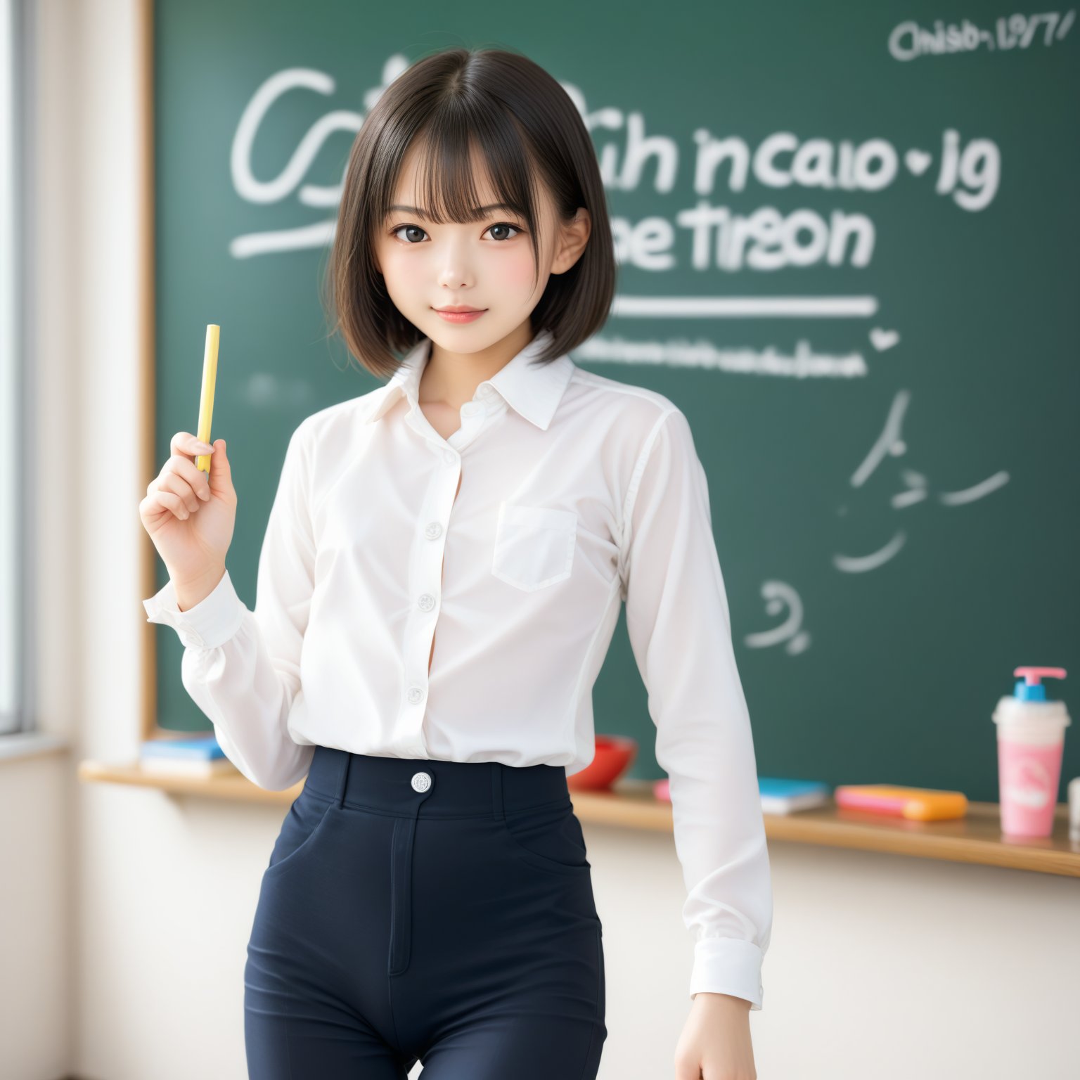 1 girl,solo,Japanese female teacher, black hair, bob hair, ((Chibi,Short stature,undevelopped body,breasts,flat chest,childish,white buttons,chalkboard,collared shirt,dress shirt,pants,shirt,white shirt,long sleeves,)),blurry,blurry background,depth of field,holding,indoors,looking at viewer,standing,talking_to_viewer