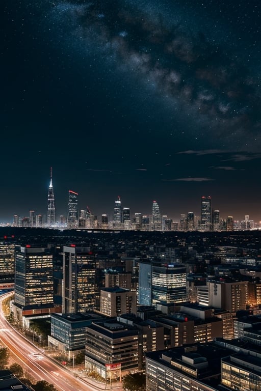 A digital art piece of a city skyline at night, featuring skyscrapers against a starry sky, presented in a futuristic style