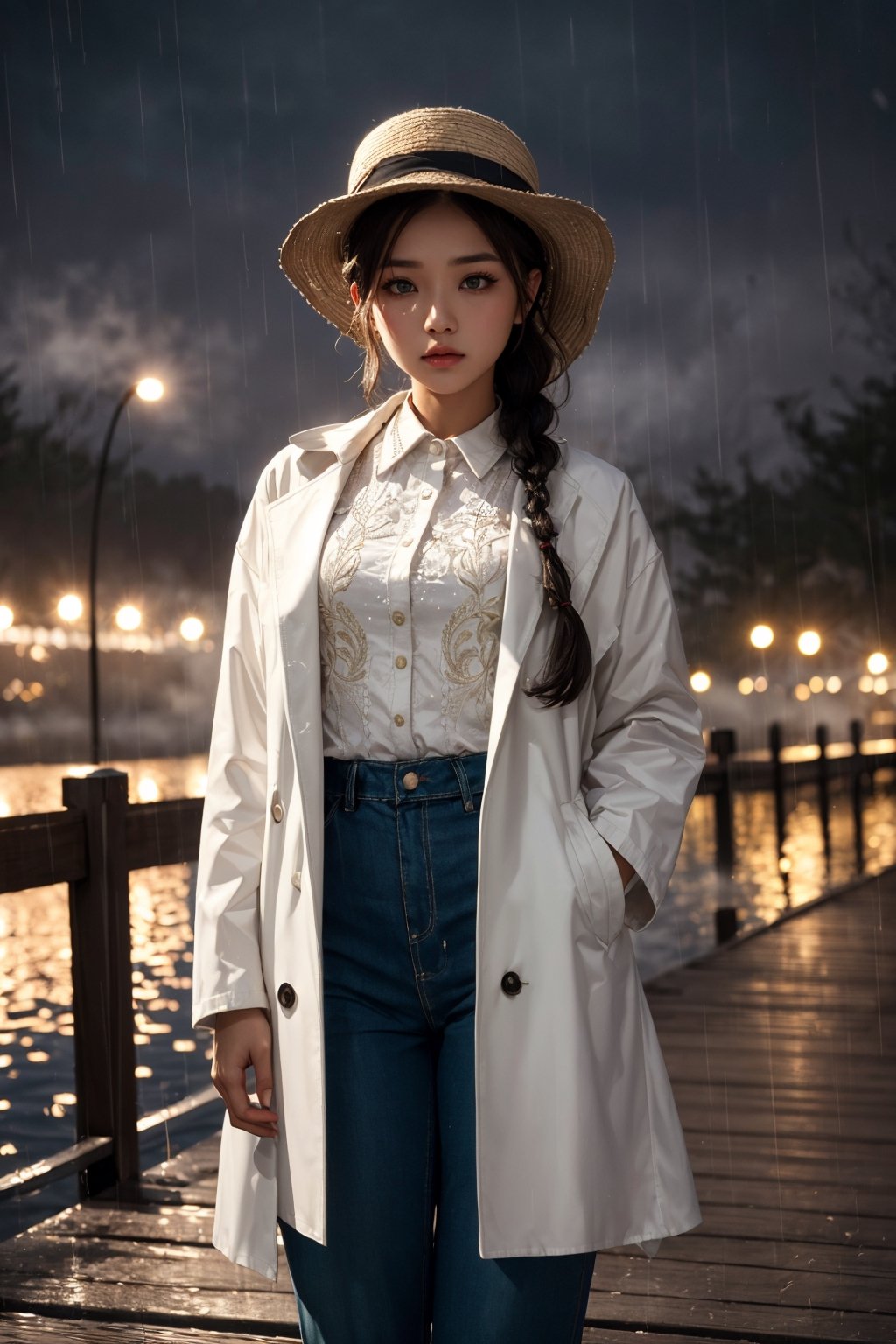 A beautiful Indonesian girl, green eyes, braided hairstyles, small breast, thick thighs, wearing a white shirt and a long coat with intricate pattern detail, loose pants, boater hat, standing in the small lake dock, twilight, rainy, misty, foggy, depth of field, bokeh, cinematic, masterpiece, best quality, high resolution