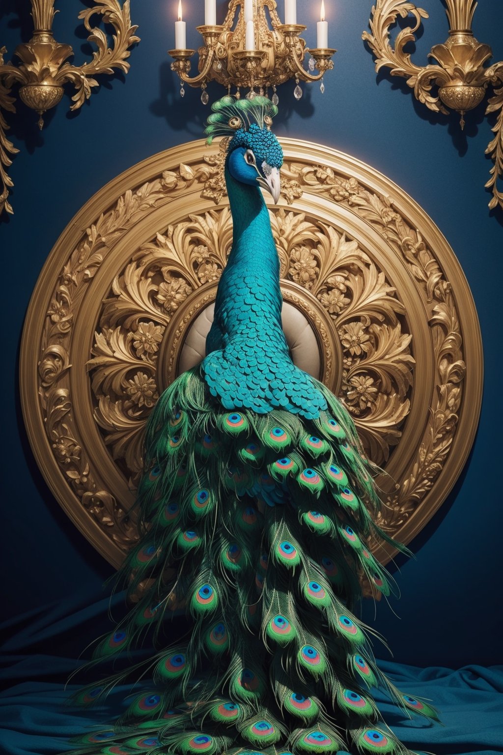 An ornate, baroque-inspired peacock with elaborate, swirling feathers.