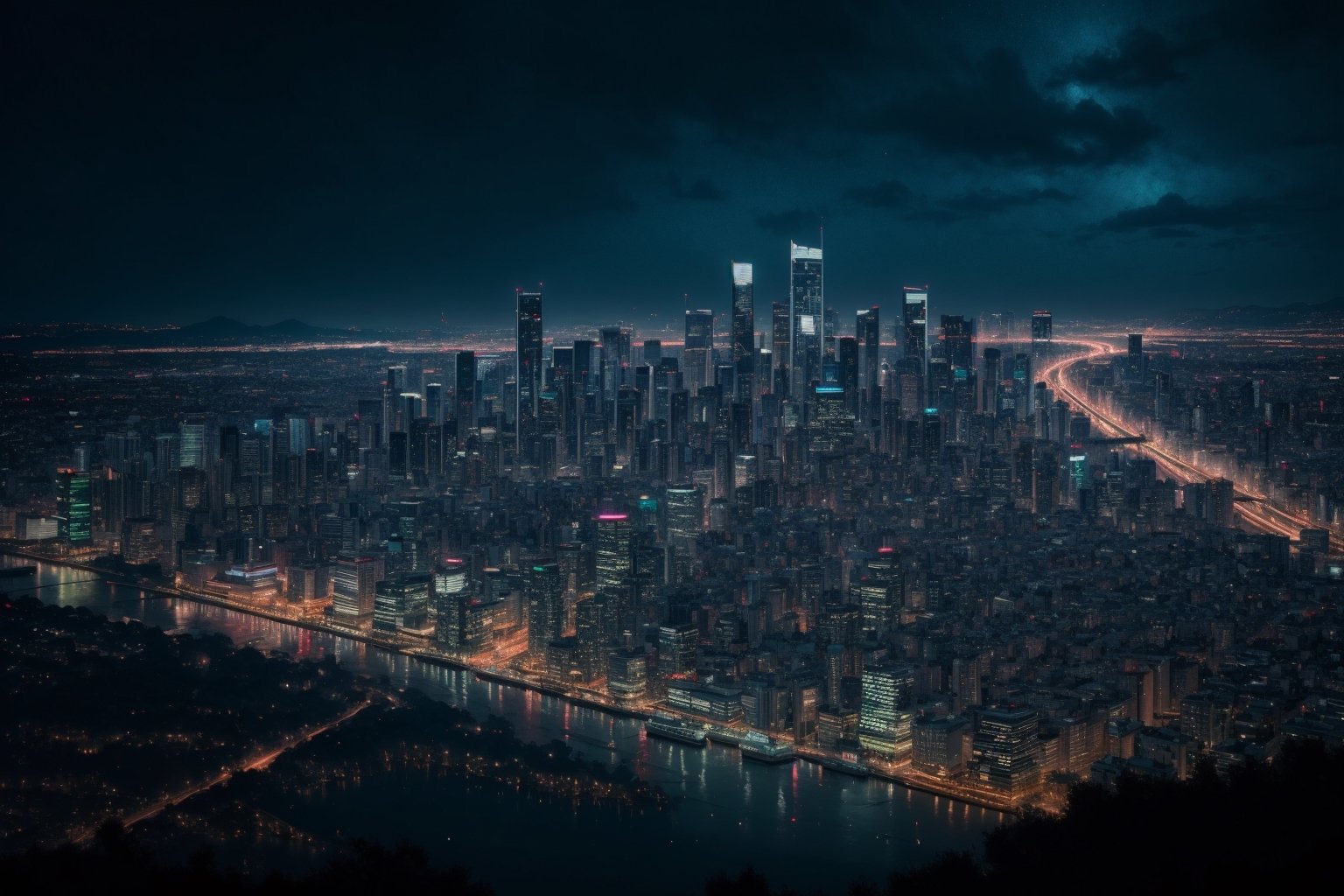 A vibrant cityscape at twilight, with towering skyscrapers and neon lights reflecting on rain-soaked streets