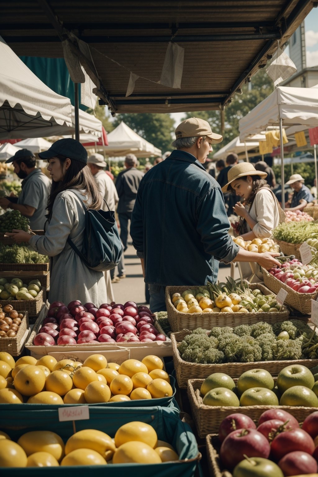 A whimsical interpretation of a bustling farmers' market, with exaggerated colors and shapes, depth of field, cinematic, masterpiece, best quality, high resolution 