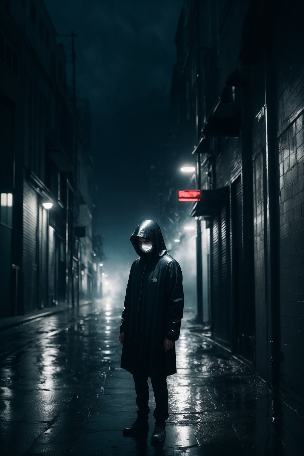 A man standing on the alley in the rain, a picture, dark visor covering face, he is sad, foreboding background, hooded figures, eerie, misty, foggy, blue vibes, depth of field, cinematic