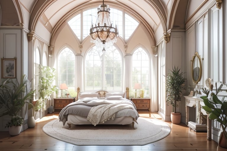 High resolution photography interior design, dreamy sunken bedroom, wooden floor, tall windows opening onto the garden, lots of plants, gothic furniture and decoration, sacred space in the interior high ceiling, beige blue salmon pastel palette, interior design magazine, cozy atmosphere, 8k, intricate detail, photorealistic, realistic light, wide angle, kinkfolk photography, A+D architecture
