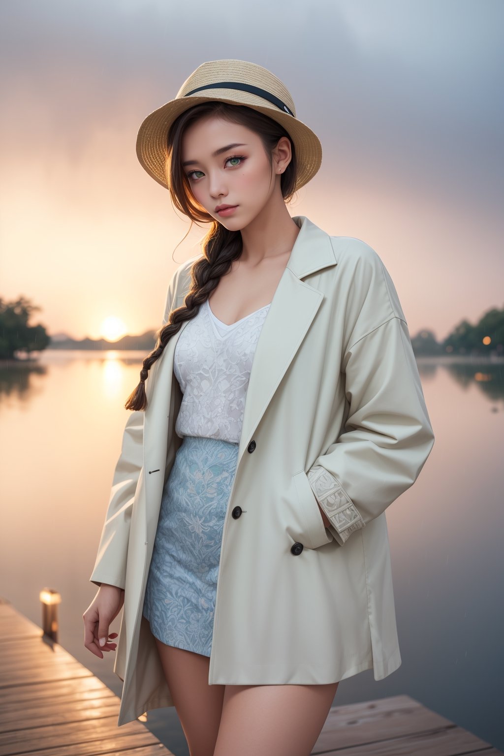 A beautiful Indonesian girl, green eyes, braided hairstyles, small breast, thick thighs, wearing a white shirt and a long coat with intricate pattern detail, boater hat, standing in the small lake dock, twilight, rainy, misty, foggy, depth of field, bokeh, cinematic, masterpiece, best quality, high resolution