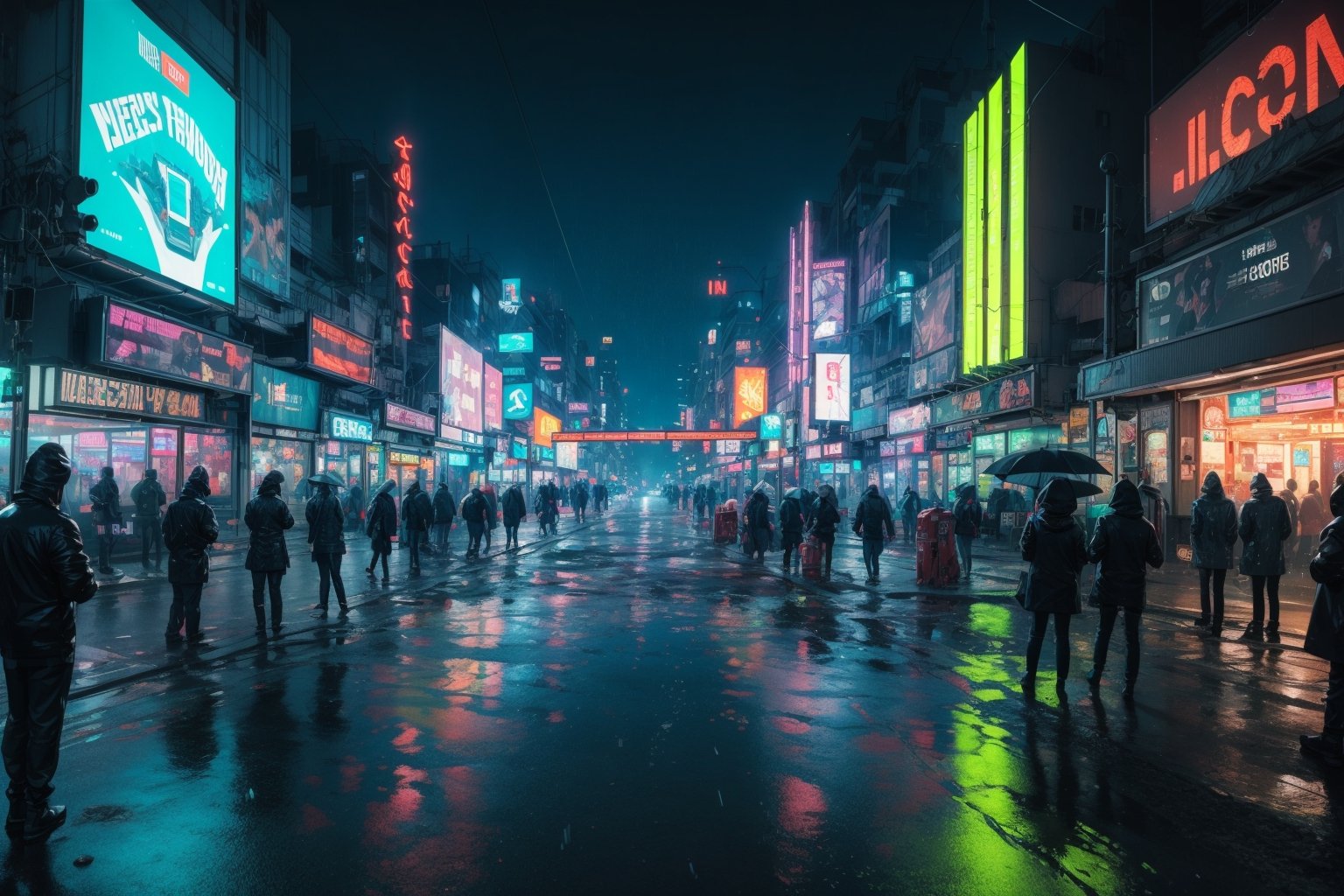 A neon-lit cyberpunk cityscape with rain-soaked streets and holographic billboards