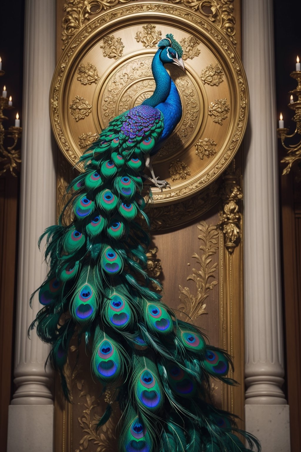 An ornate, baroque-inspired peacock with elaborate, swirling feathers.