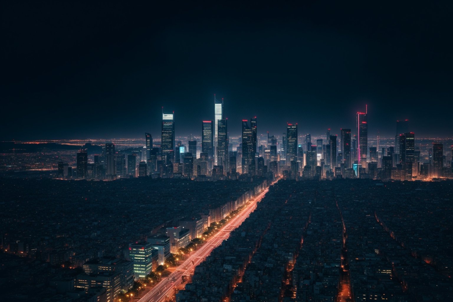 A vibrant cityscape at twilight, with towering skyscrapers and neon lights reflecting on rain-soaked streets