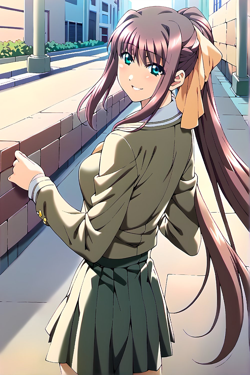 ,ren,score_9,score_8_up,score_7_up,source_anime,1girl,looking_at_viewer,in love with the viewer,school_uniform,socks,loafers,gentle girl,smile,laughing,light_blush,looking_back,city,street,walk,