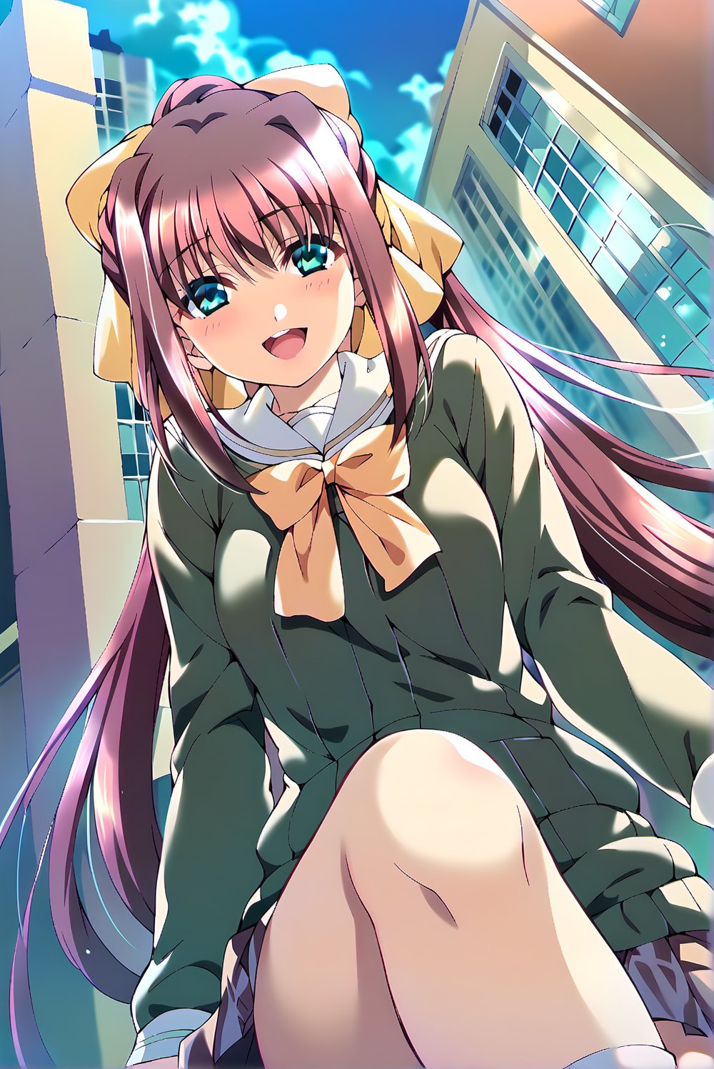 1girl, Nanase Ren (Night Shift Nurses), solo,

school_uniform,gentle girl,

:),laughing,
city,street,walk,

looking_at_viewer,in love with the viewer,
light_blush,

score_9,score_8_up,score_7_up,
source_anime,
socks,loafers,

