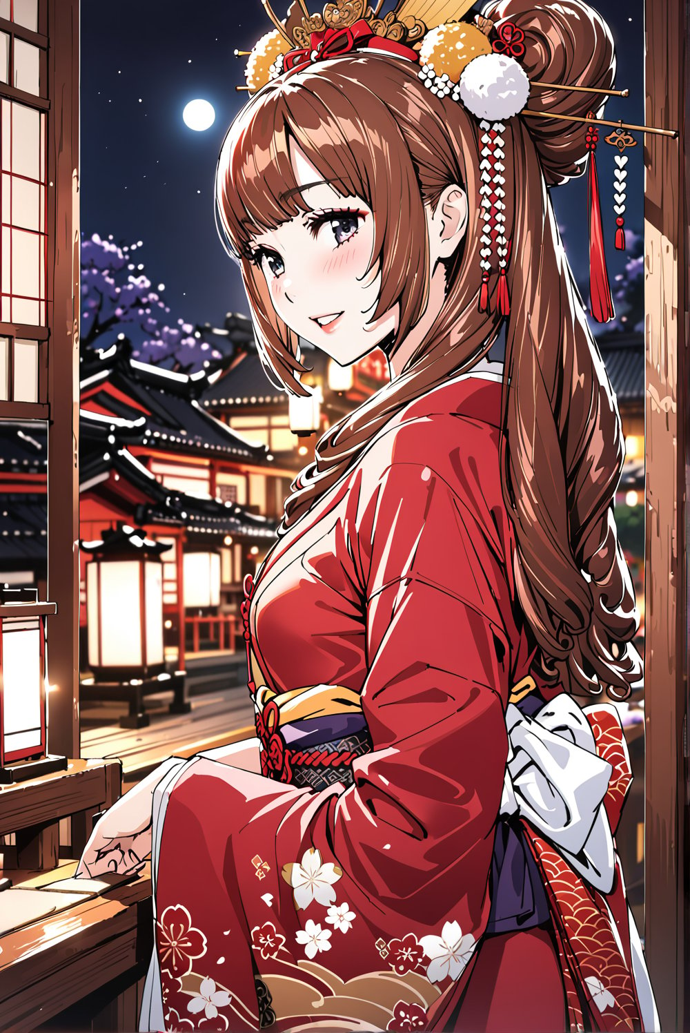 1girl, solo, Chitose_High School (Chitose),
brown hair, long hair,
skyblue Eyes,
medium_breasts, 

kunoichi,
geisha,OIRAN,
hairpin,hair beads,
make up, lipstick, rouge, blush
Edo(Japanese period),
kimono,indoor,
scenery,night,
moon,lantern,


happy,


Masterpiece, 4K, ultra detailed,
anime style, 
more detail XL, SFW, 
depth of field,